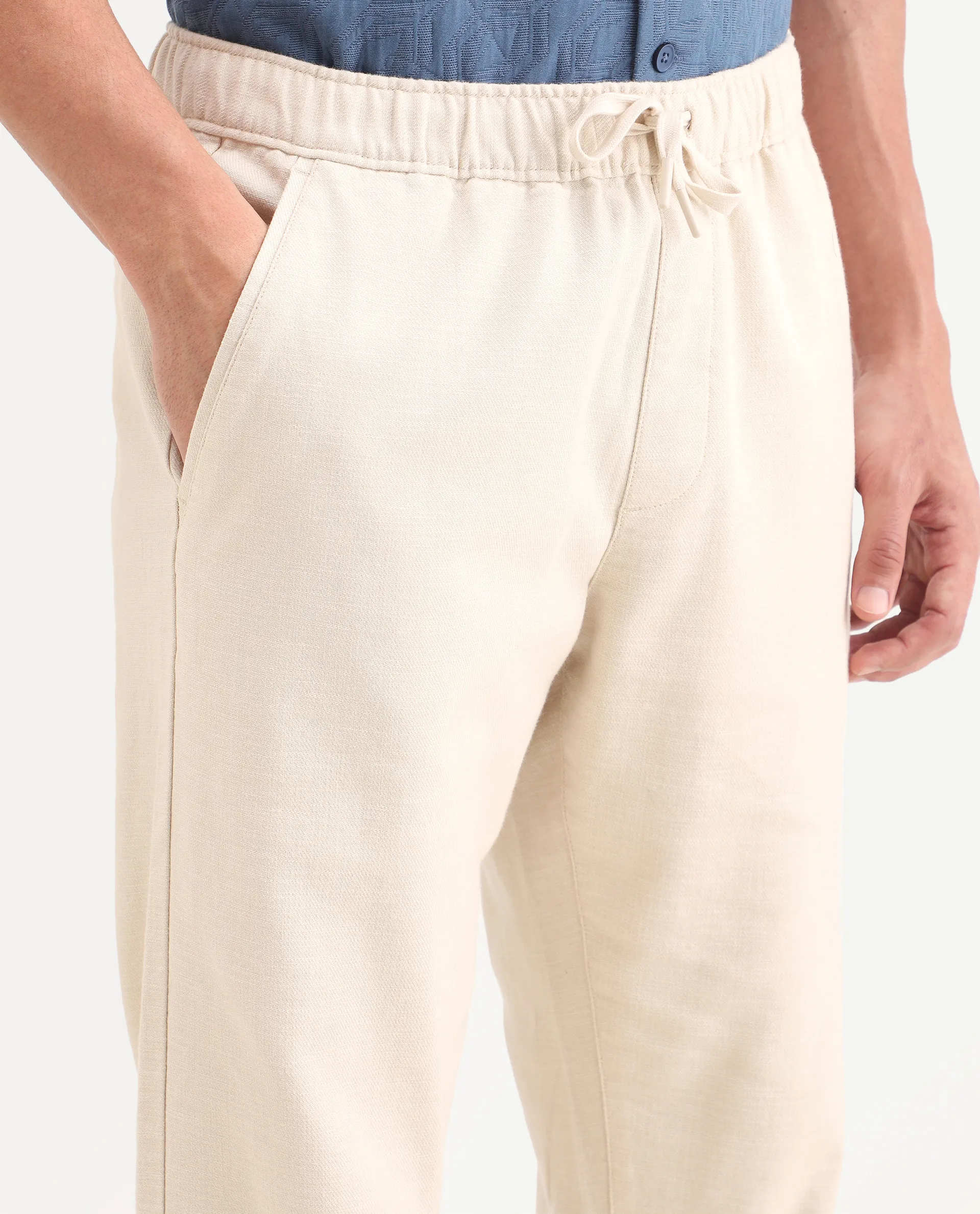 Rare Rabbit Men's Pluk Beige Cotton Blend Fabric Regular Fit Plain Trouser - Image 3