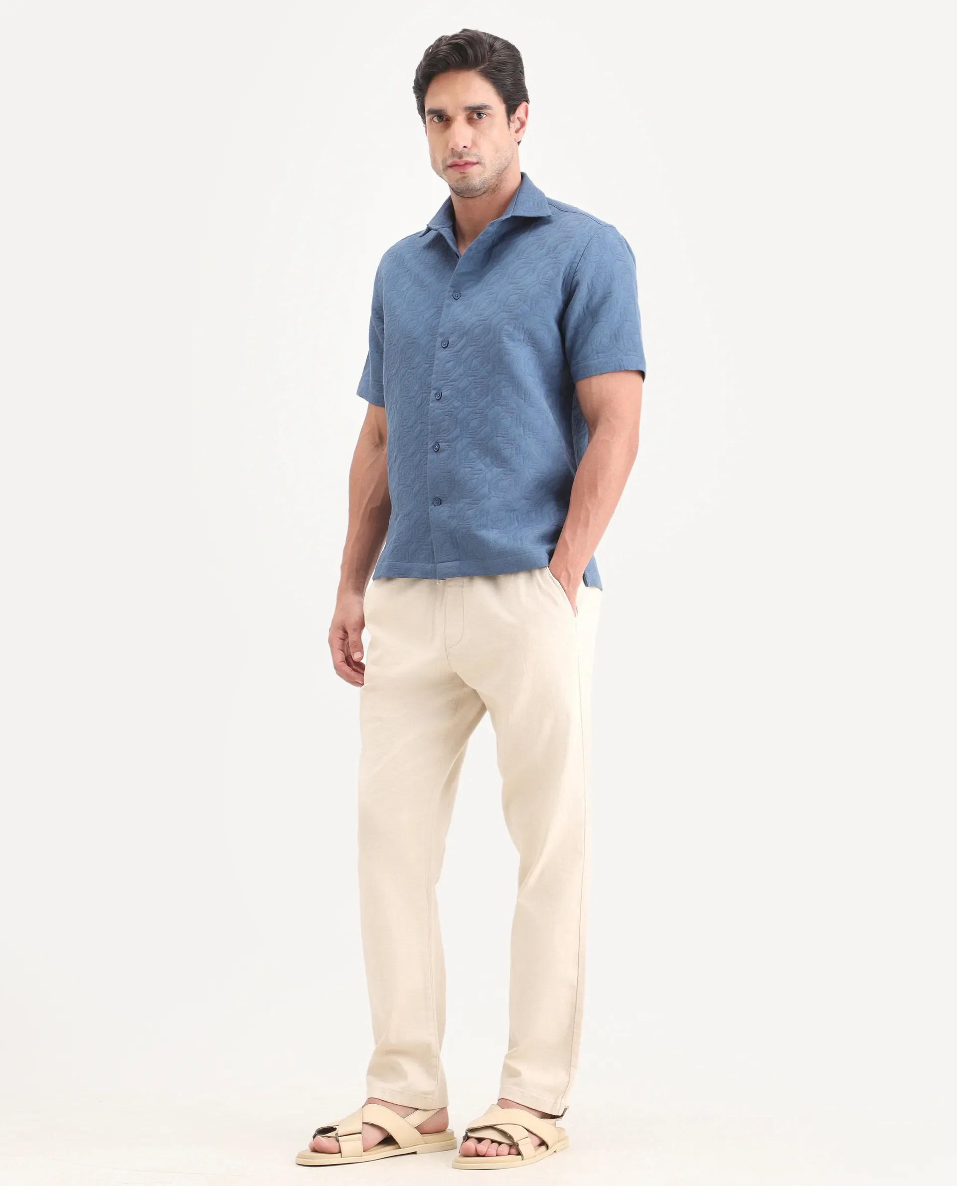 Rare Rabbit Men's Pluk Beige Cotton Blend Fabric Regular Fit Plain Trouser - Image 5