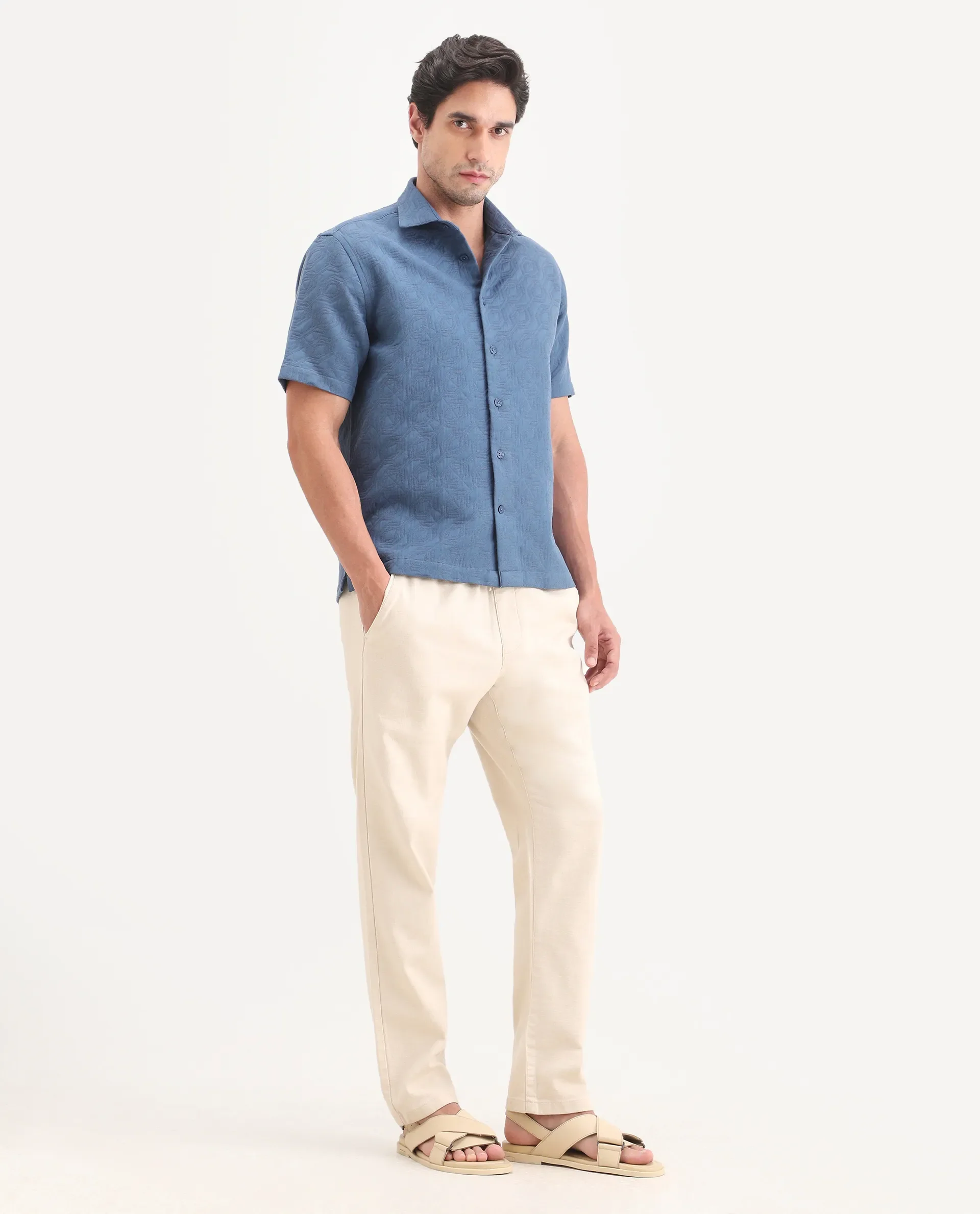 Rare Rabbit Men's Pluk Beige Cotton Blend Fabric Regular Fit Plain Trouser - Image 6