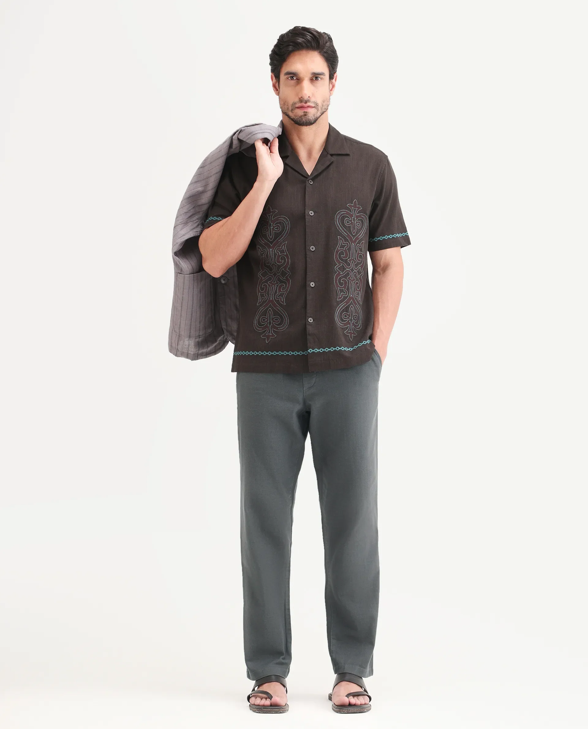 Rare Rabbit Men's Pluk Dark Grey Cotton Blend Fabric Regular Fit Plain Trouser
