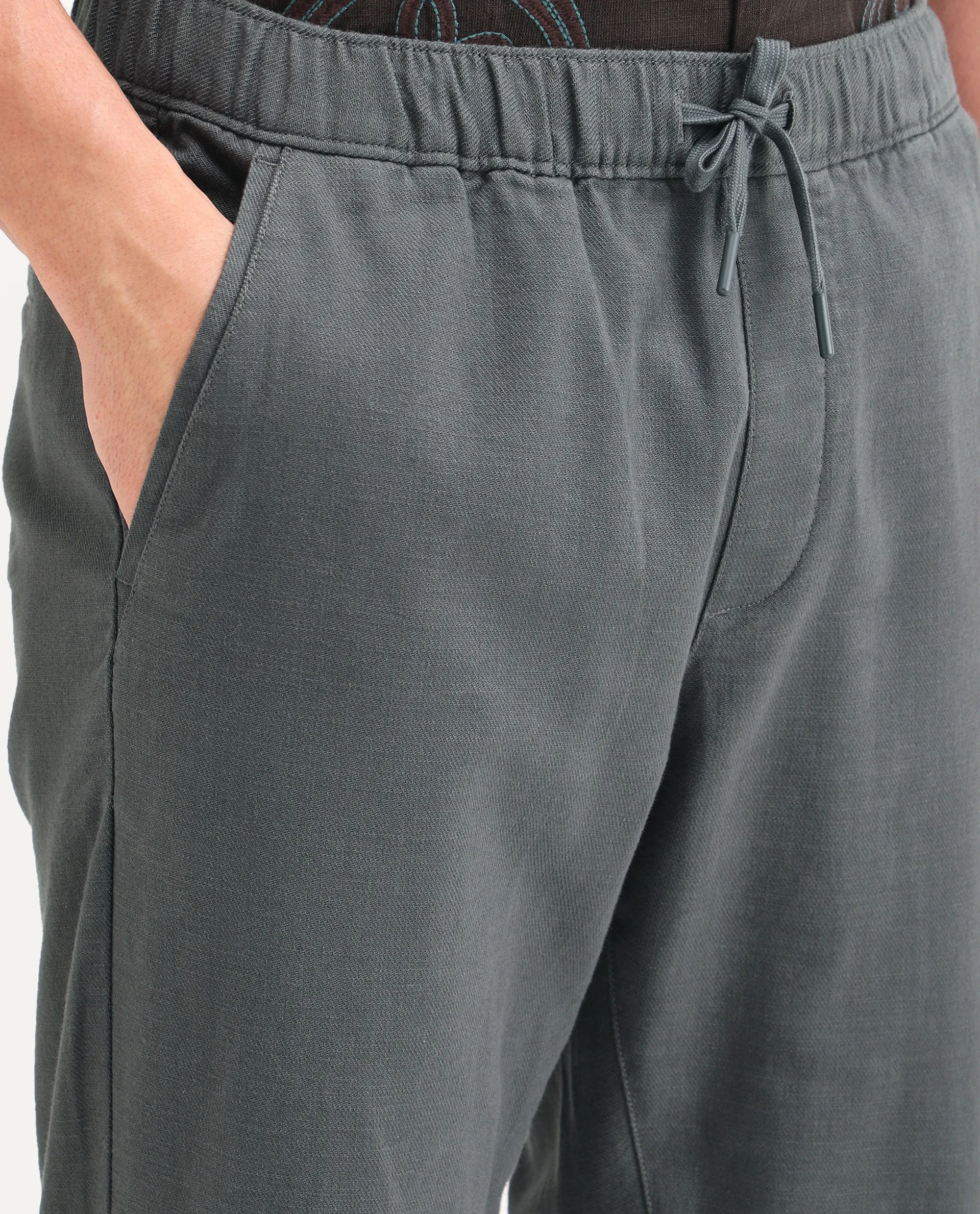 Rare Rabbit Men's Pluk Dark Grey Cotton Blend Fabric Regular Fit Plain Trouser - Image 3