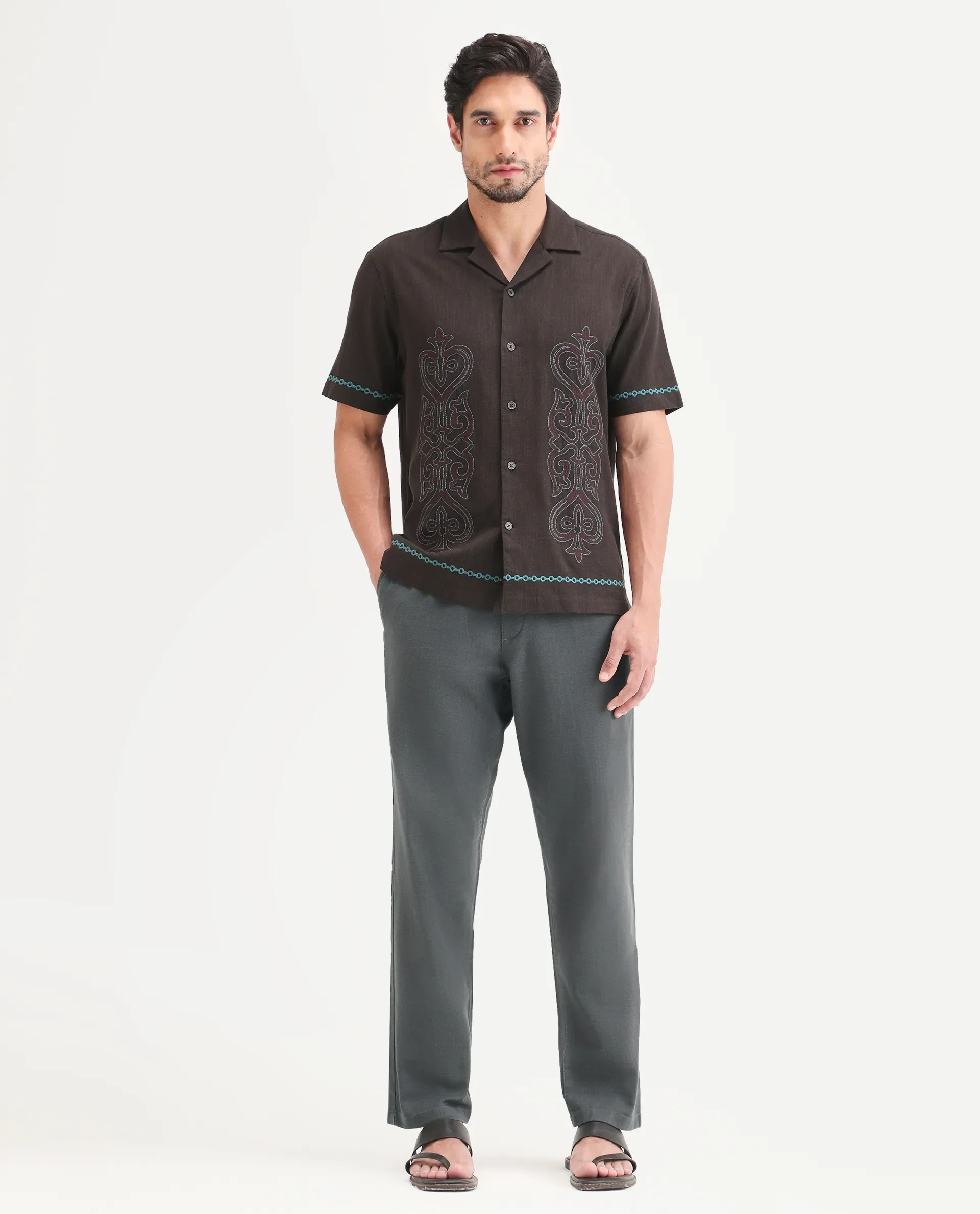 Rare Rabbit Men's Pluk Dark Grey Cotton Blend Fabric Regular Fit Plain Trouser - Image 4