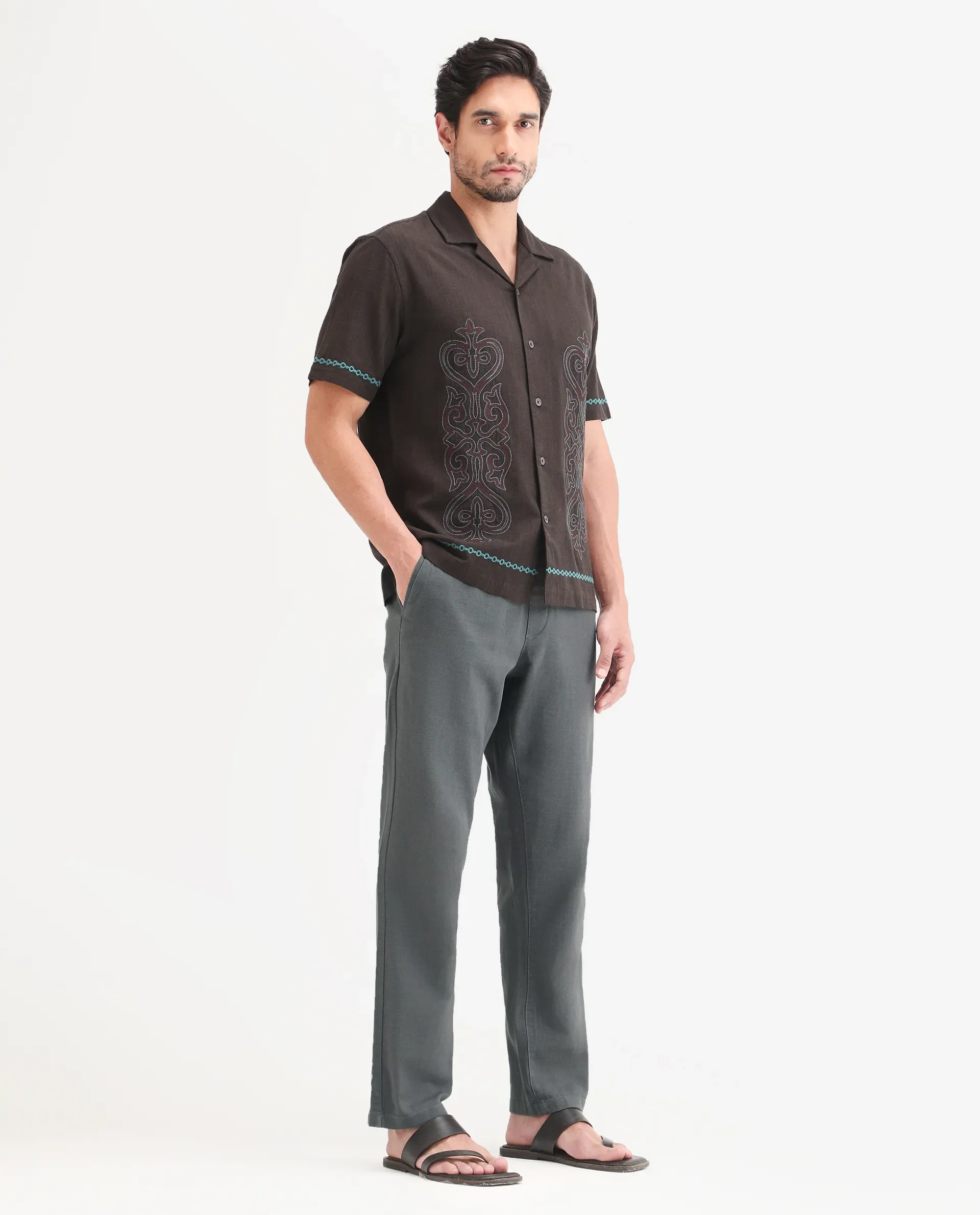 Rare Rabbit Men's Pluk Dark Grey Cotton Blend Fabric Regular Fit Plain Trouser - Image 5
