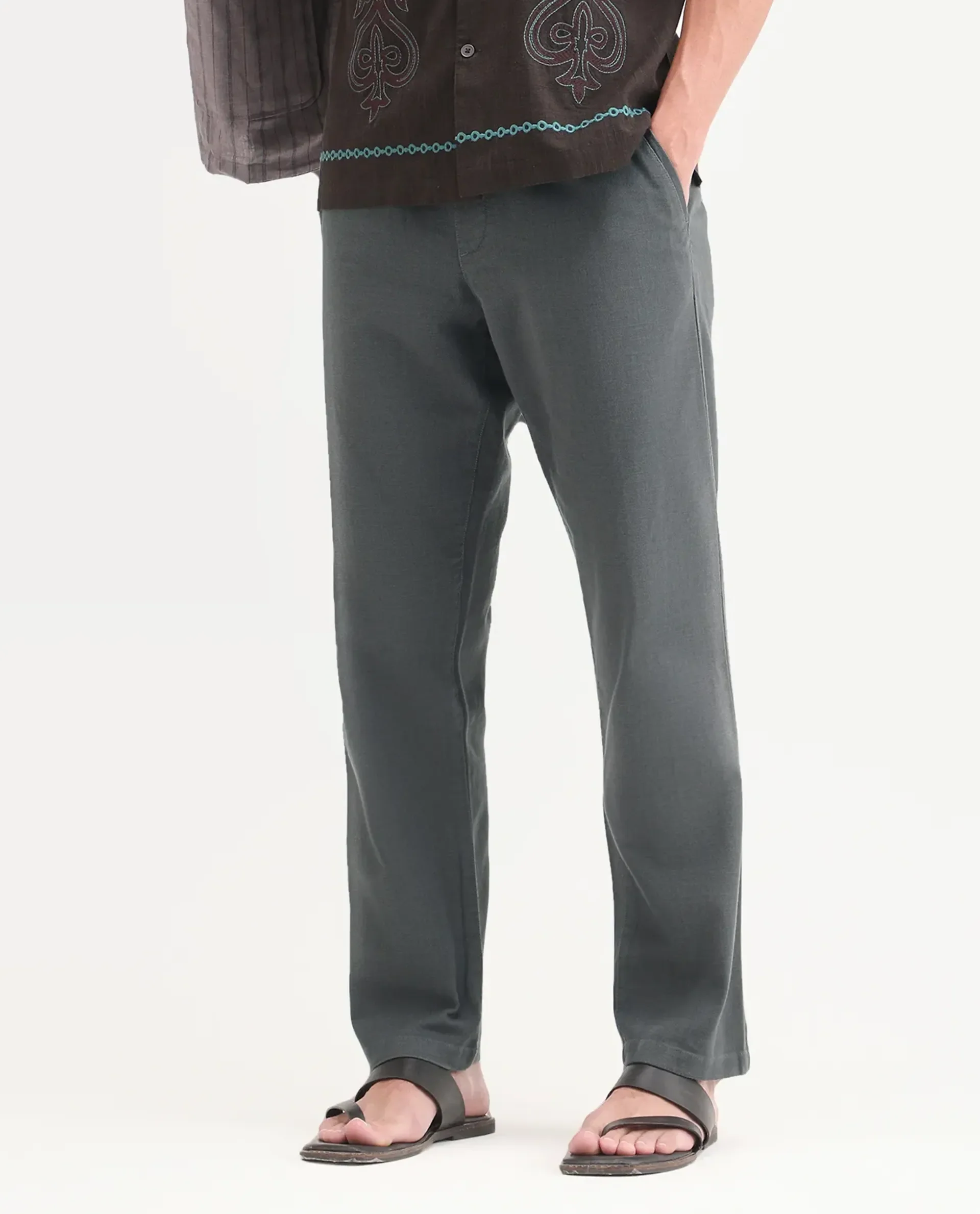 Rare Rabbit Men's Pluk Dark Grey Cotton Blend Fabric Regular Fit Plain Trouser - Image 9