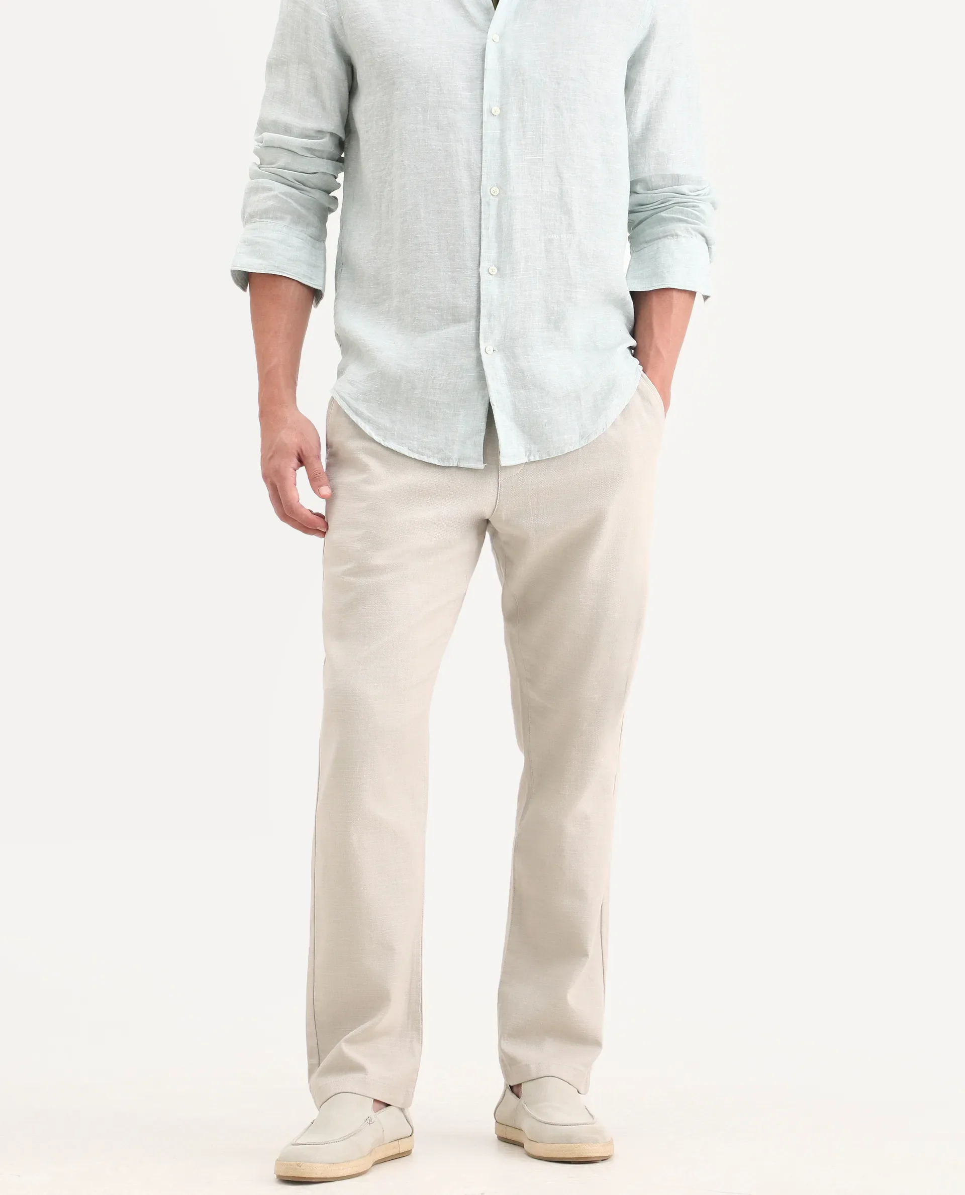Rare Rabbit Men's Pluk Dusky Green Cotton Blend Fabric Regular Fit Plain Trouser - Image 2