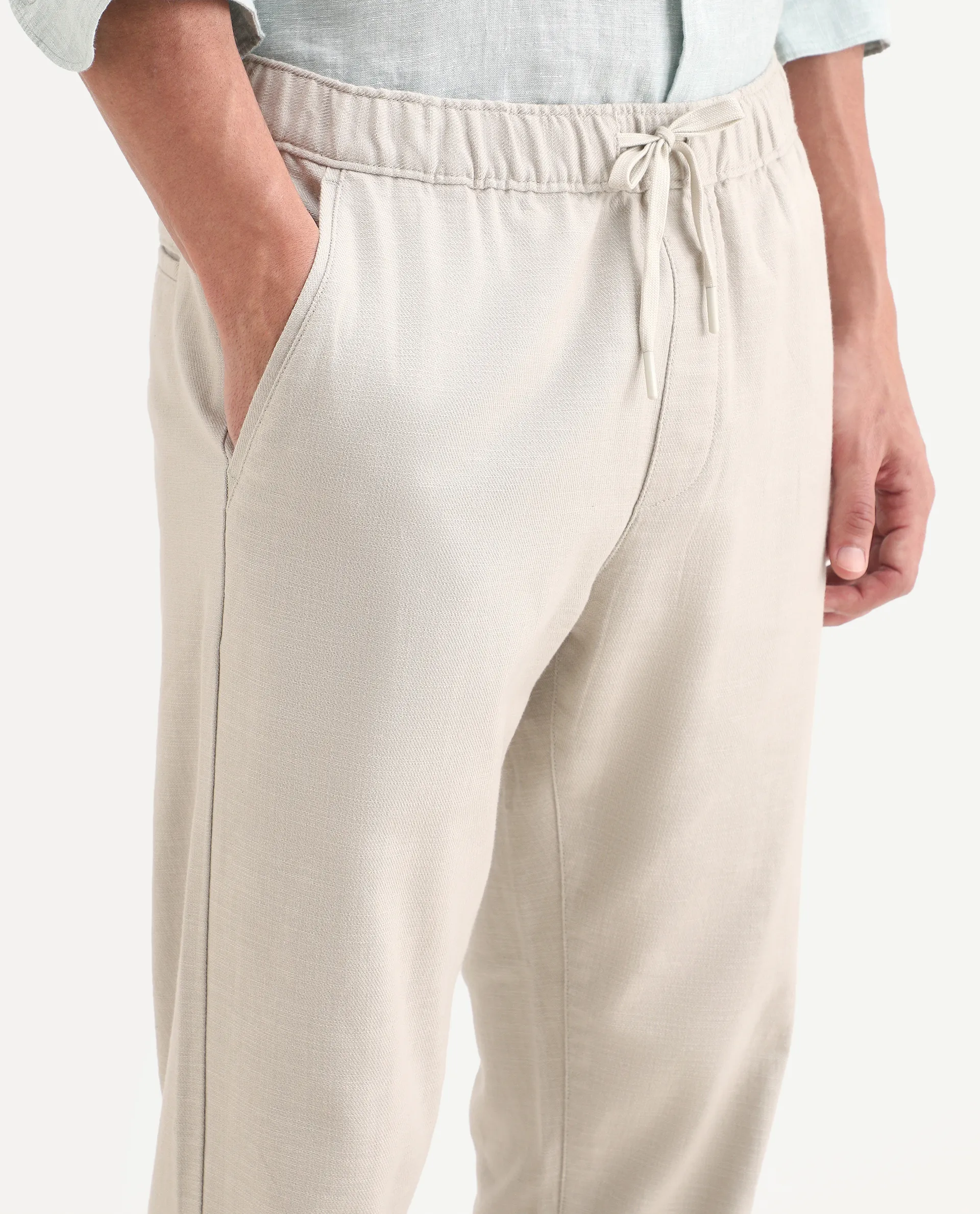 Rare Rabbit Men's Pluk Dusky Green Cotton Blend Fabric Regular Fit Plain Trouser - Image 3