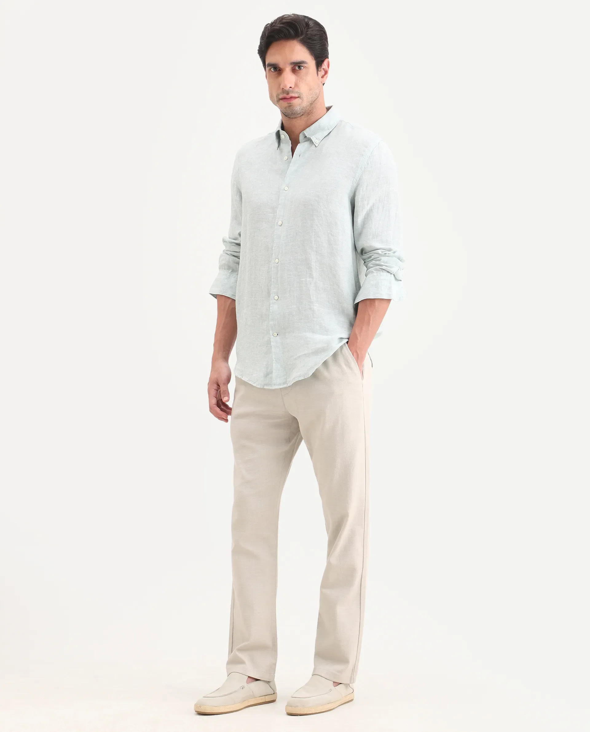 Rare Rabbit Men's Pluk Dusky Green Cotton Blend Fabric Regular Fit Plain Trouser - Image 4
