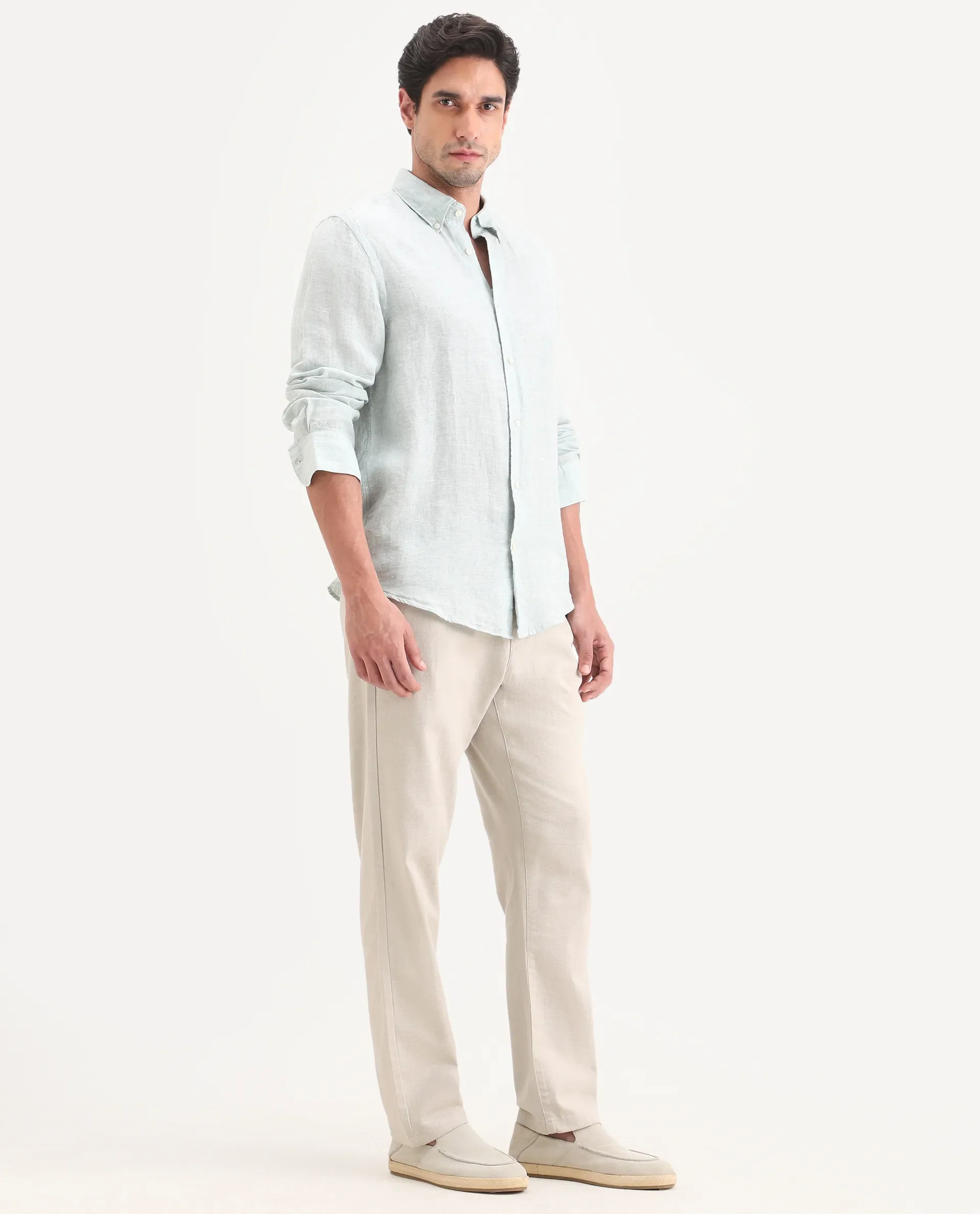Rare Rabbit Men's Pluk Dusky Green Cotton Blend Fabric Regular Fit Plain Trouser - Image 5