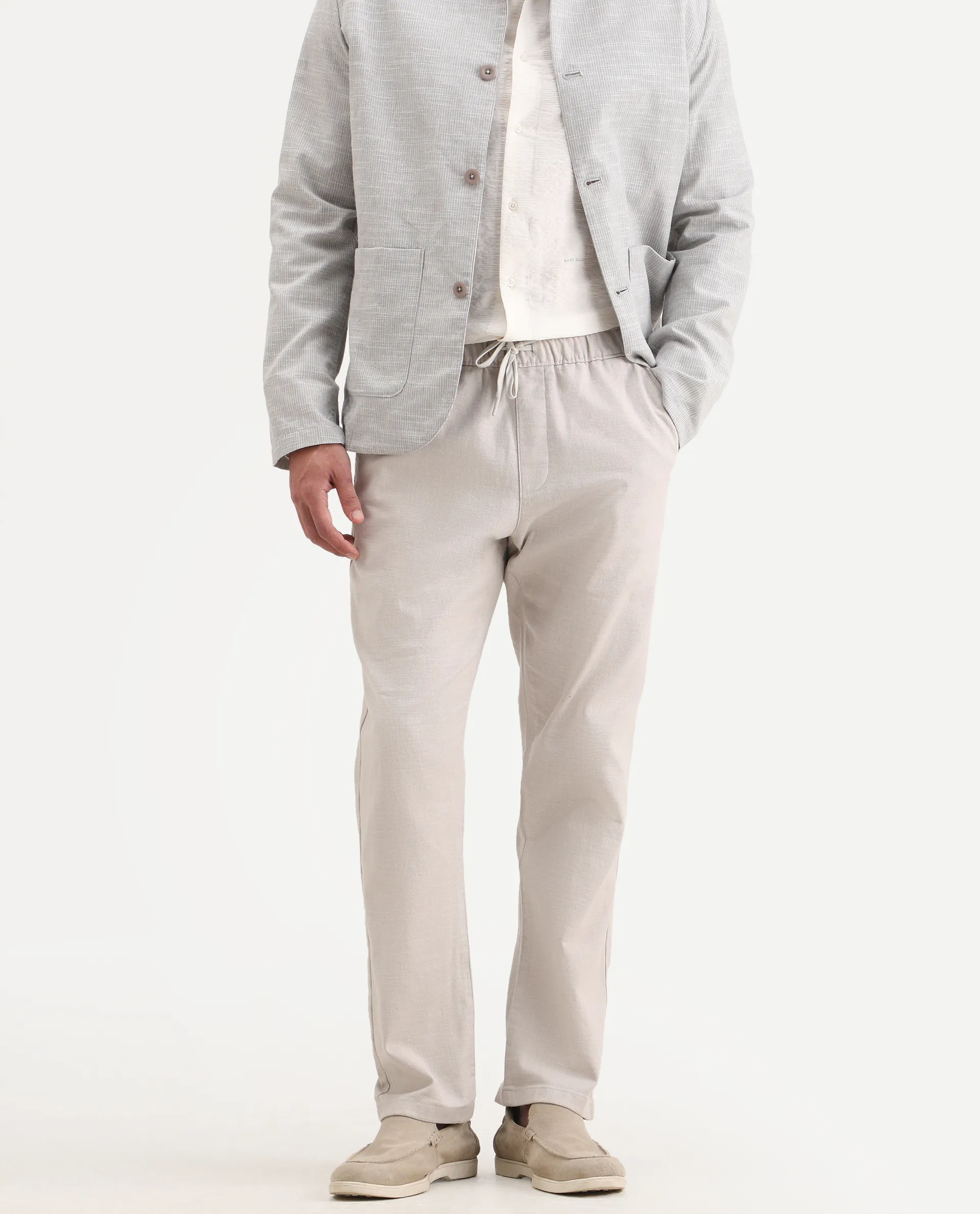Rare Rabbit Men's Pluk Light Grey Cotton Blend Fabric Regular Fit Plain Trouser - Image 2