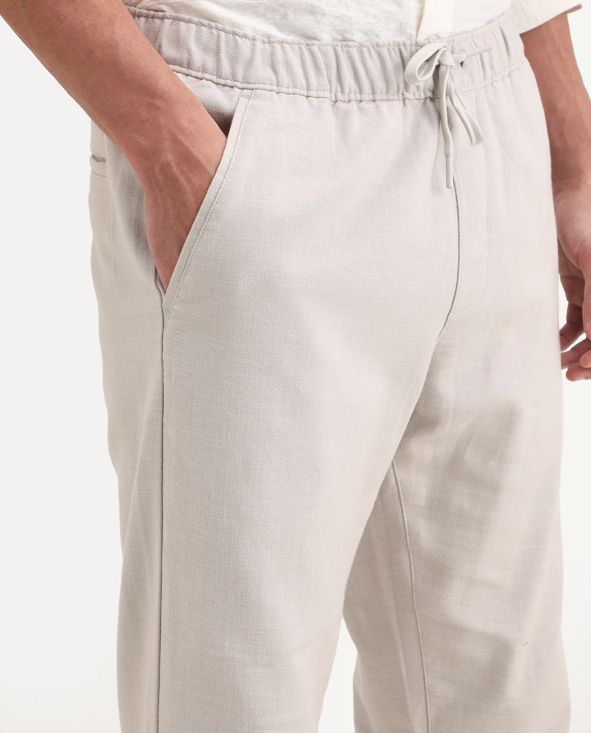 Rare Rabbit Men's Pluk Light Grey Cotton Blend Fabric Regular Fit Plain Trouser - Image 3