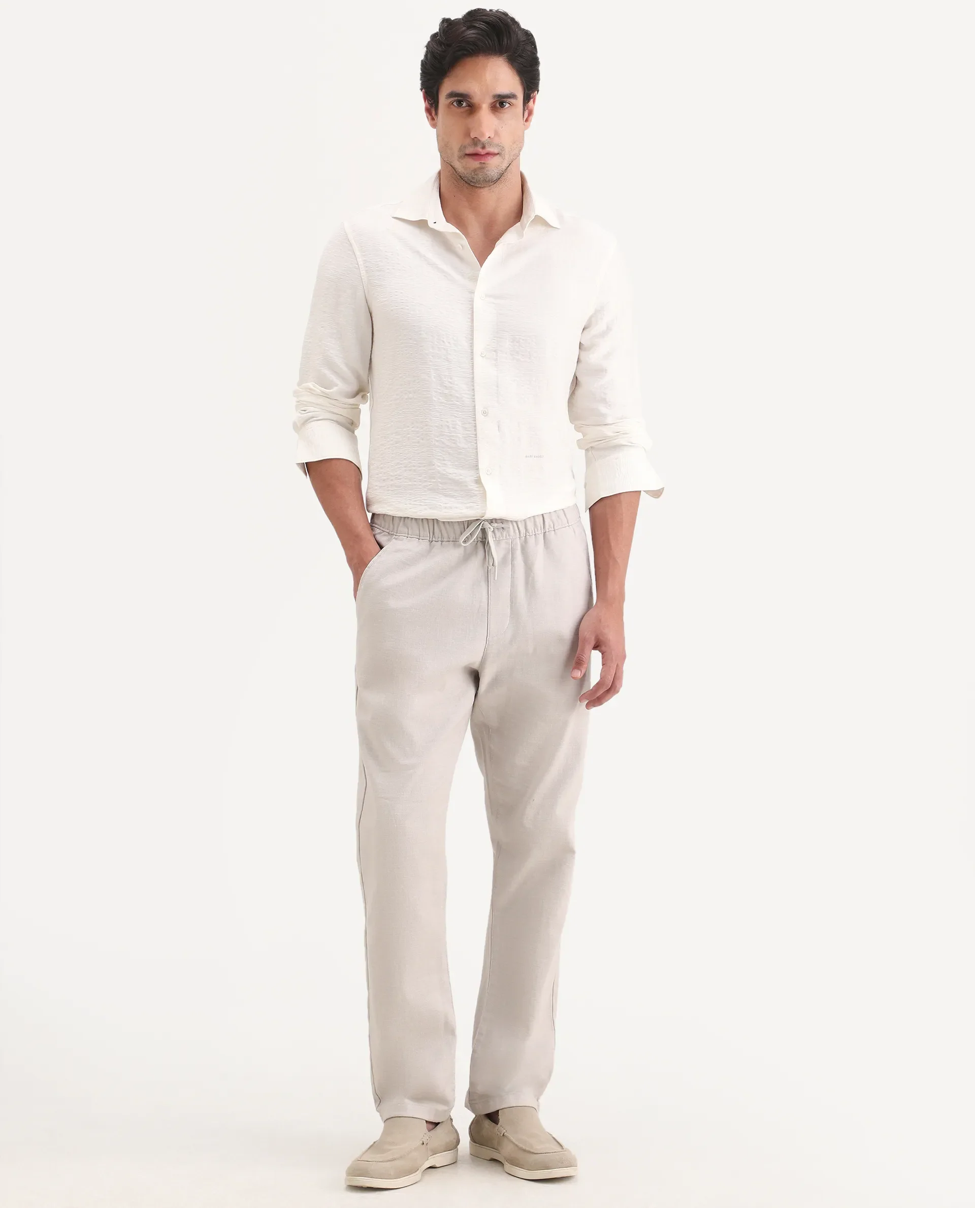 Rare Rabbit Men's Pluk Light Grey Cotton Blend Fabric Regular Fit Plain Trouser - Image 4