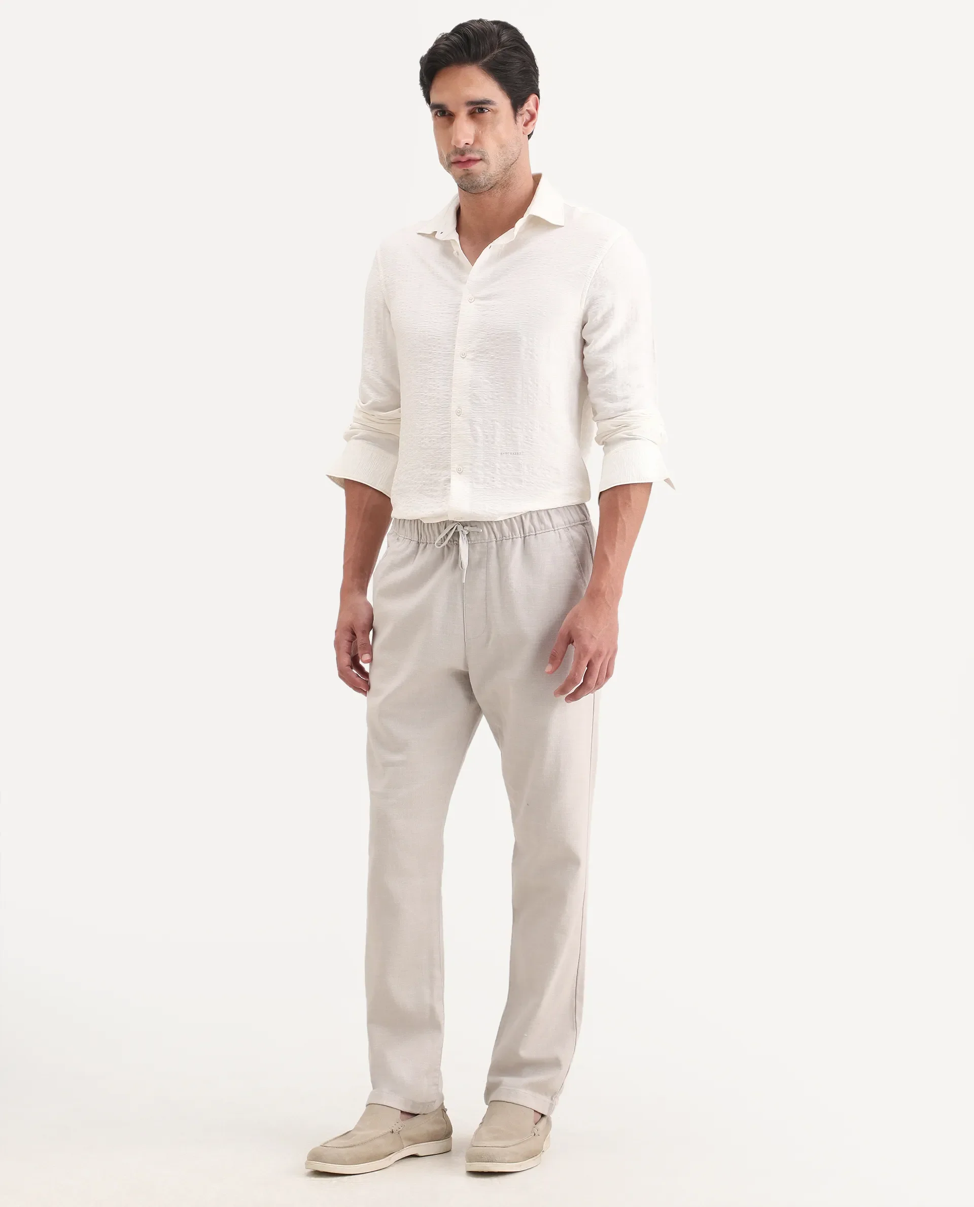 Rare Rabbit Men's Pluk Light Grey Cotton Blend Fabric Regular Fit Plain Trouser - Image 5
