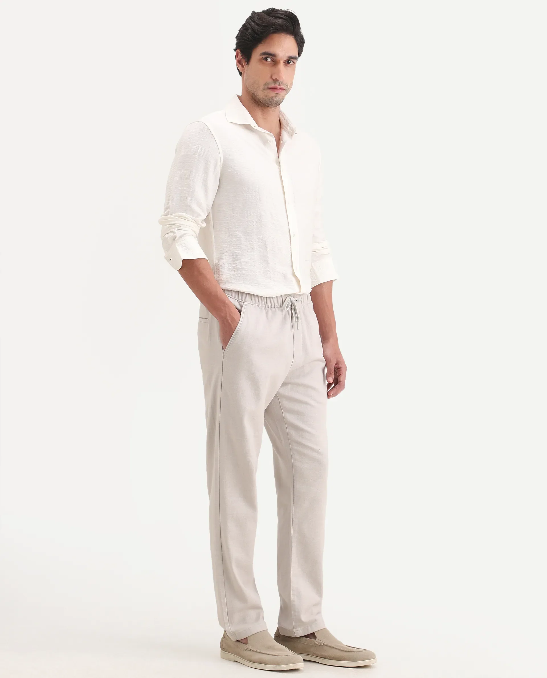 Rare Rabbit Men's Pluk Light Grey Cotton Blend Fabric Regular Fit Plain Trouser - Image 6