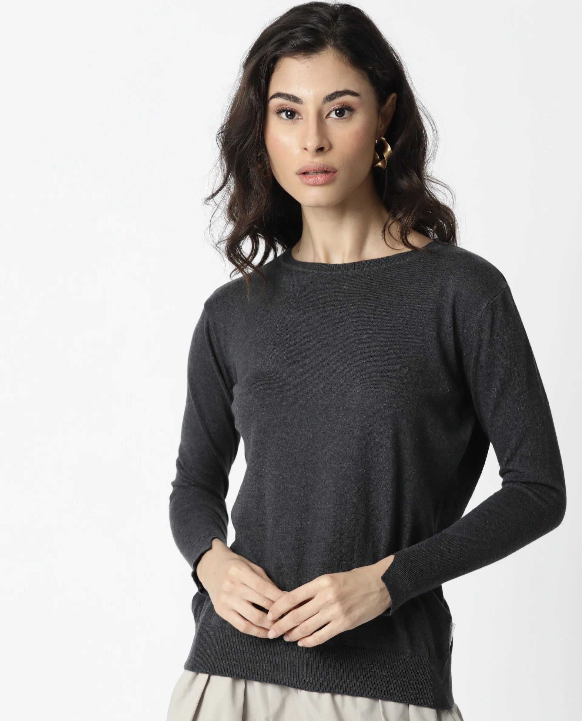 Rareism Women's Plum Grey Cotton Boat Neck Plain Regular Fit Sweater - Image 2