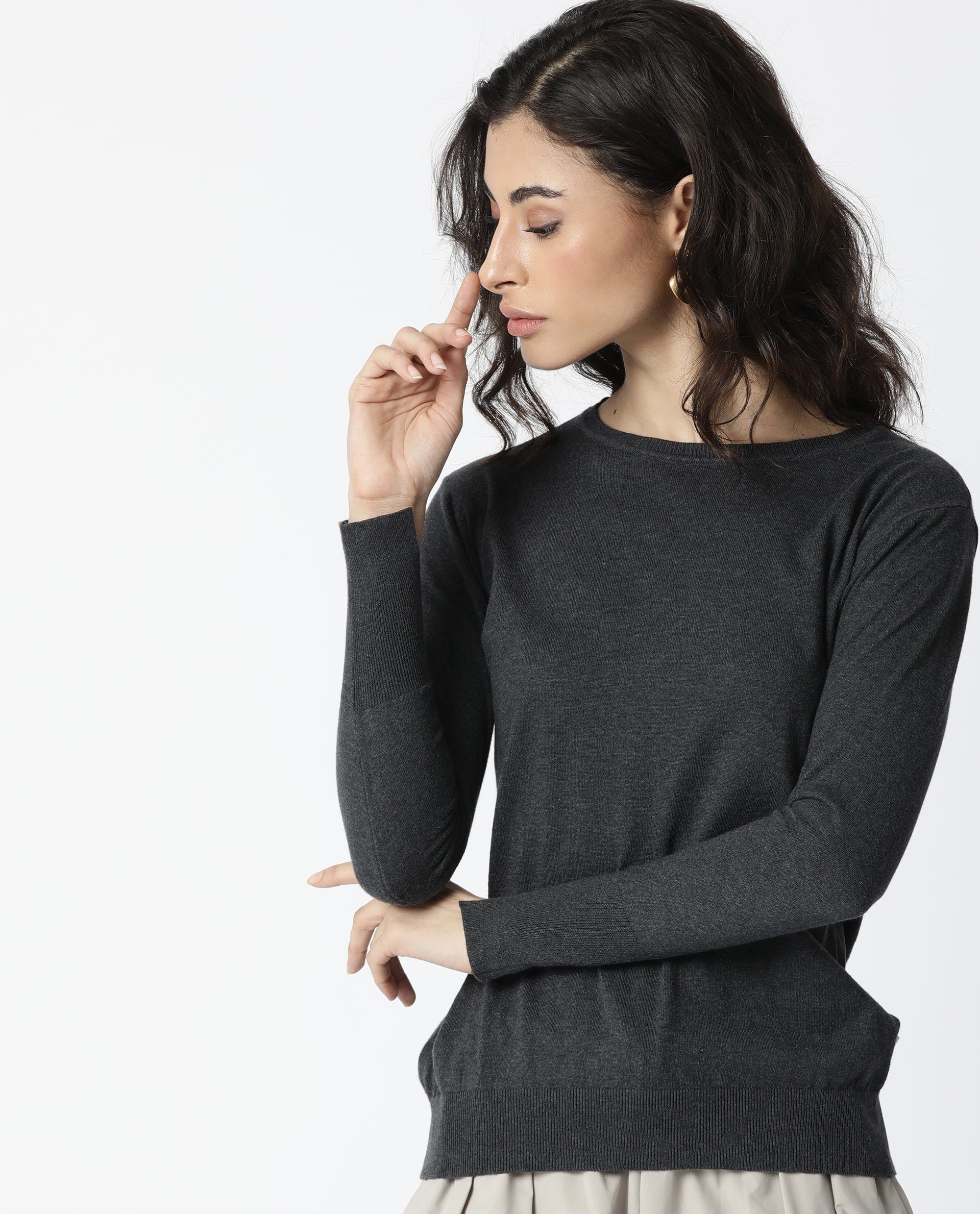 Rareism Women's Plum Grey Cotton Boat Neck Plain Regular Fit Sweater - Image 3