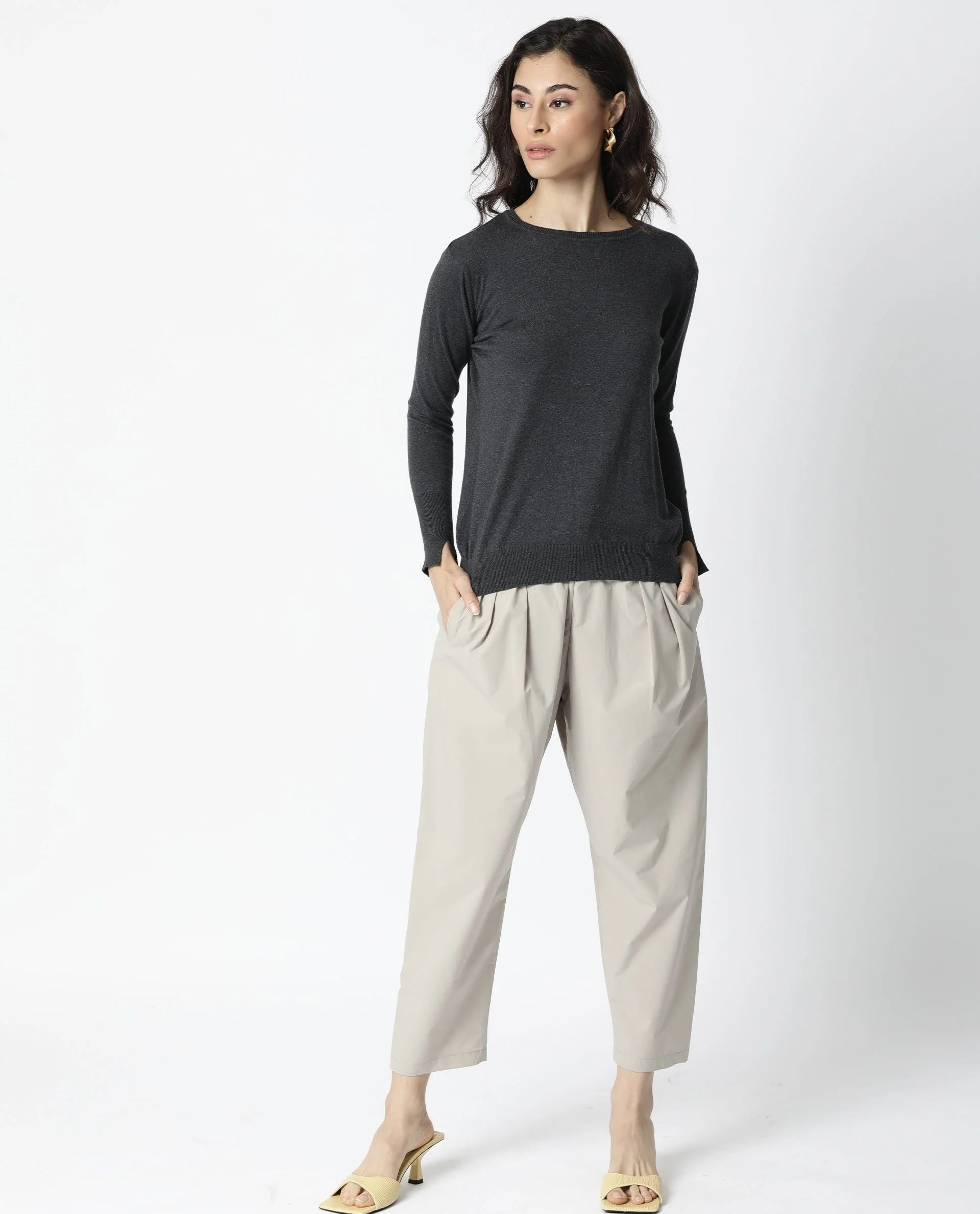 Rareism Women's Plum Grey Cotton Boat Neck Plain Regular Fit Sweater - Image 5