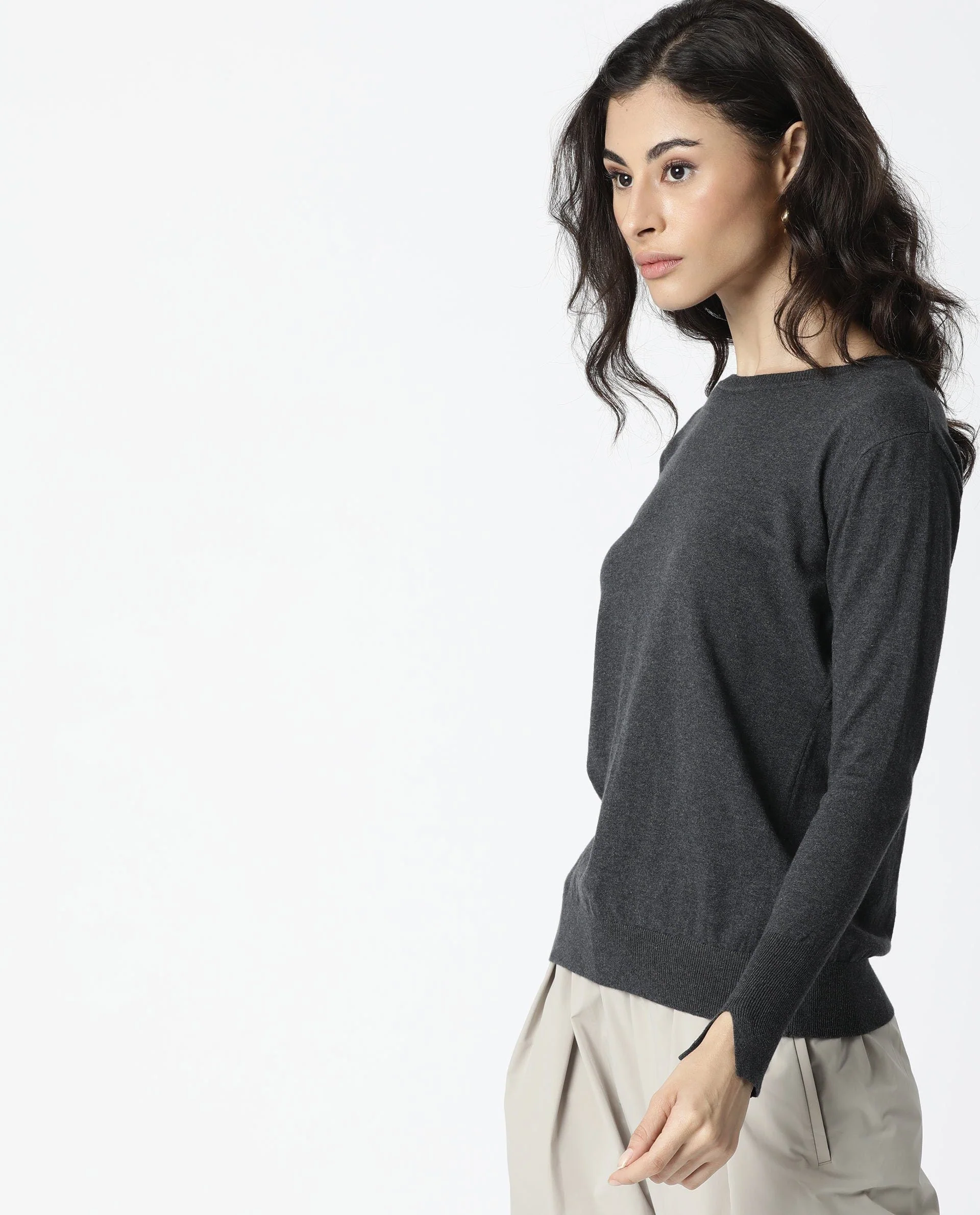 Rareism Women's Plum Grey Cotton Boat Neck Plain Regular Fit Sweater - Image 6
