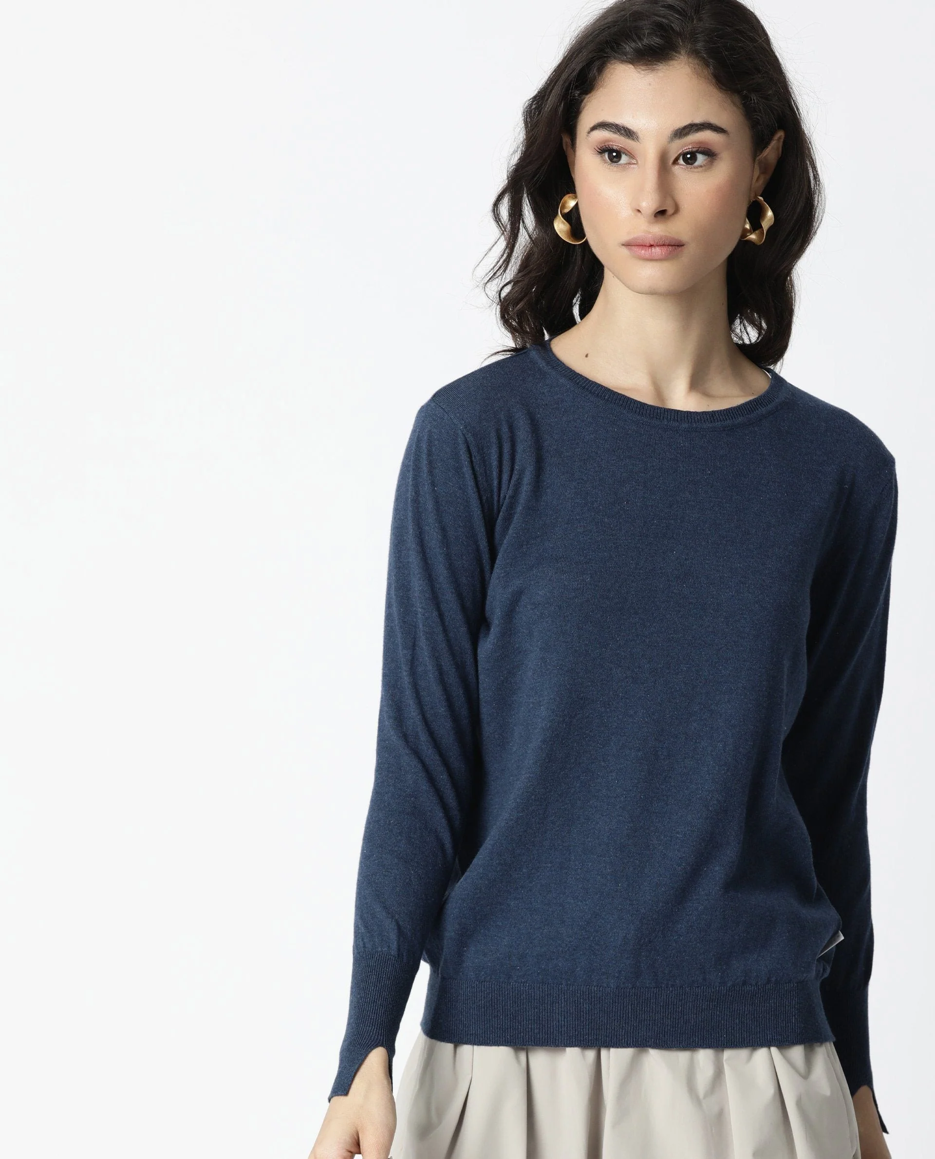 Rareism Women's Plum Blue Cotton Ribbed Collar Plain Regular Fit Sweater