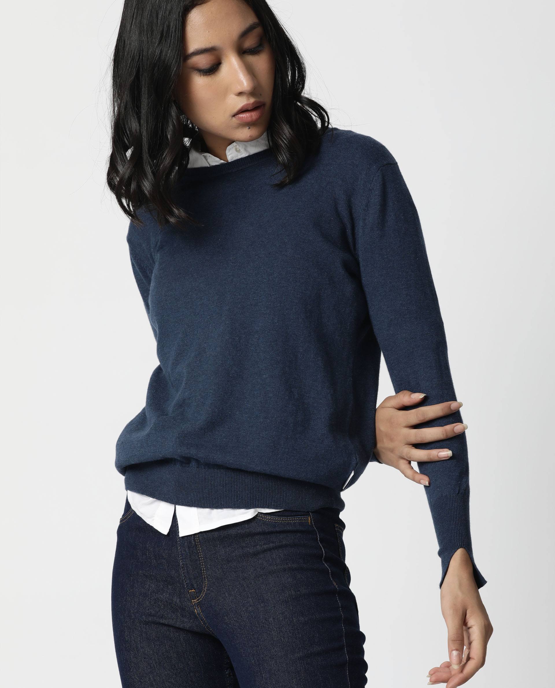 Rareism Women's Plum Blue Cotton Ribbed Collar Plain Regular Fit Sweater - Image 2