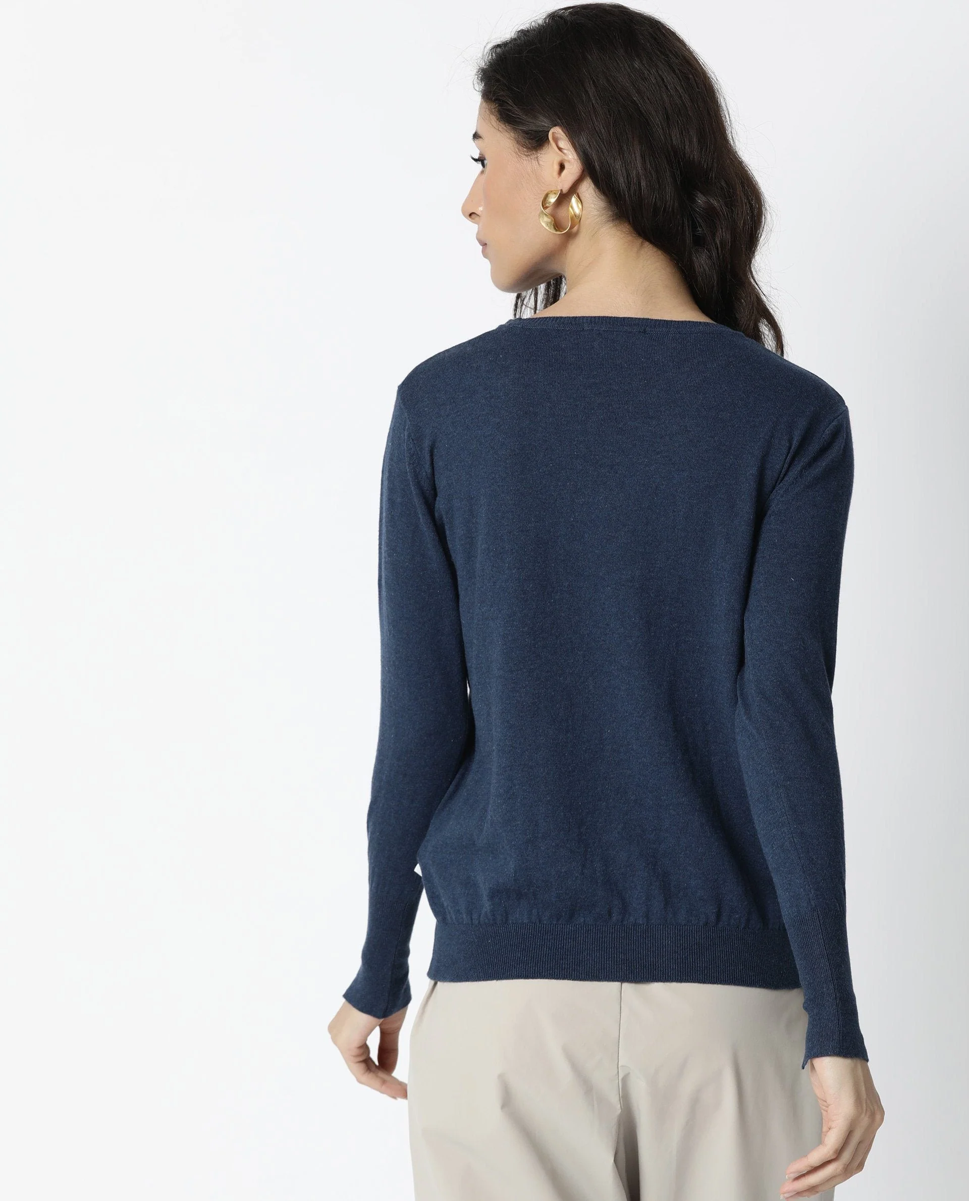 Rareism Women's Plum Blue Cotton Ribbed Collar Plain Regular Fit Sweater - Image 4