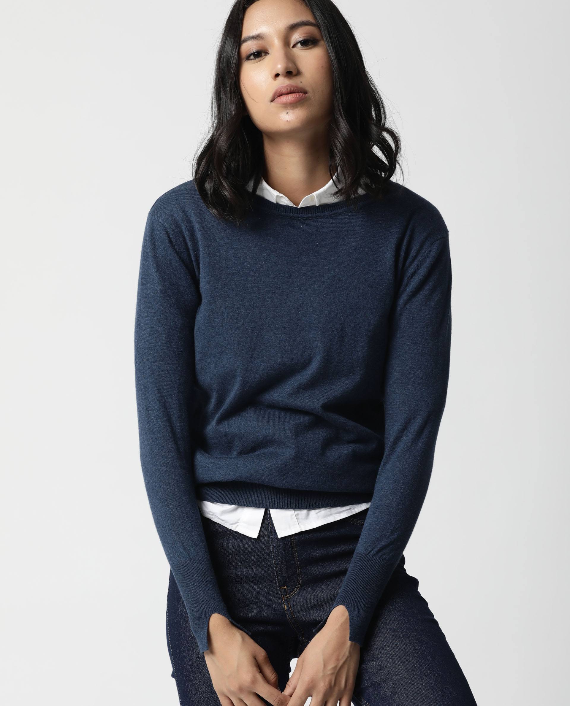 Rareism Women's Plum Blue Cotton Ribbed Collar Plain Regular Fit Sweater - Image 5