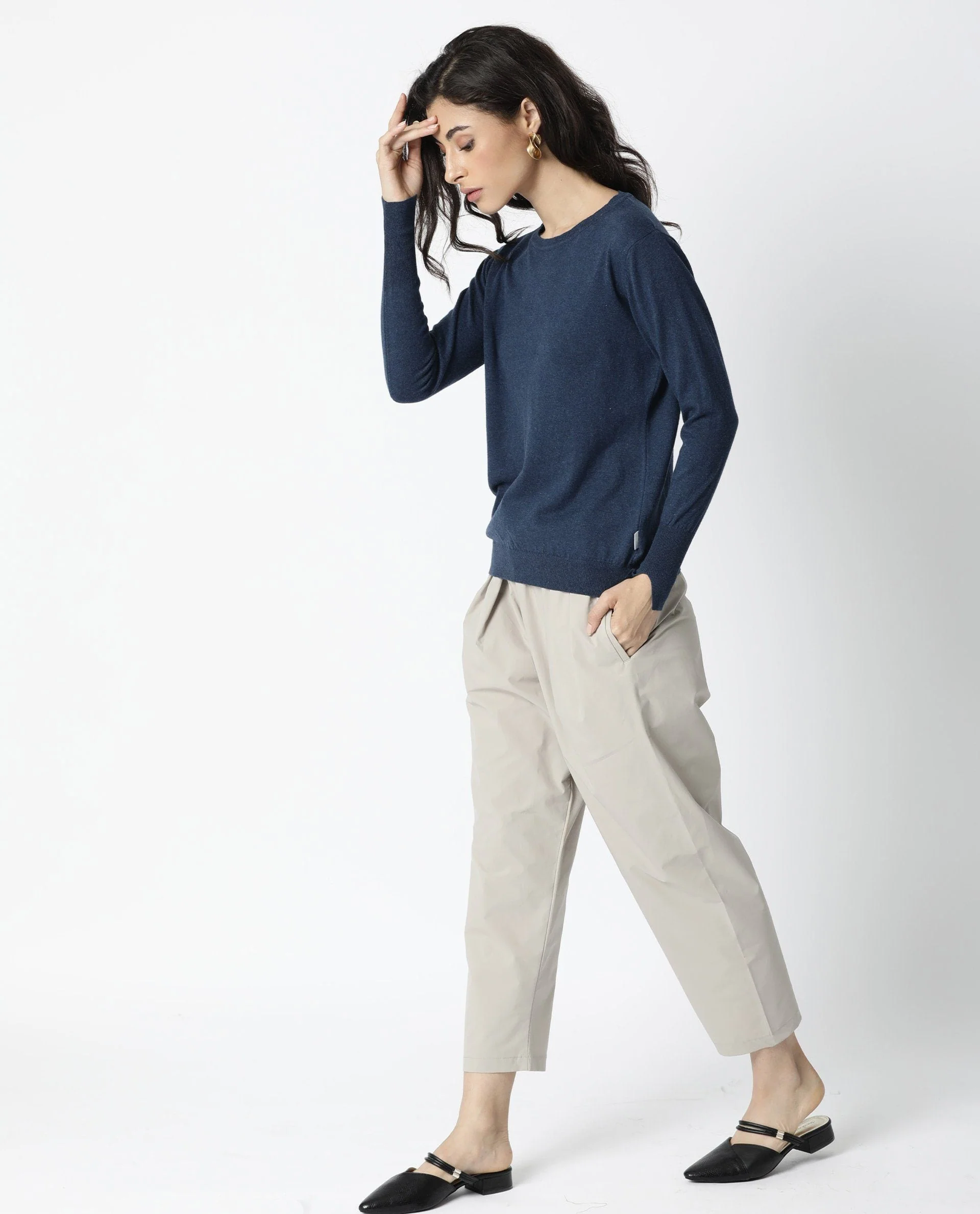 Rareism Women's Plum Blue Cotton Ribbed Collar Plain Regular Fit Sweater - Image 6