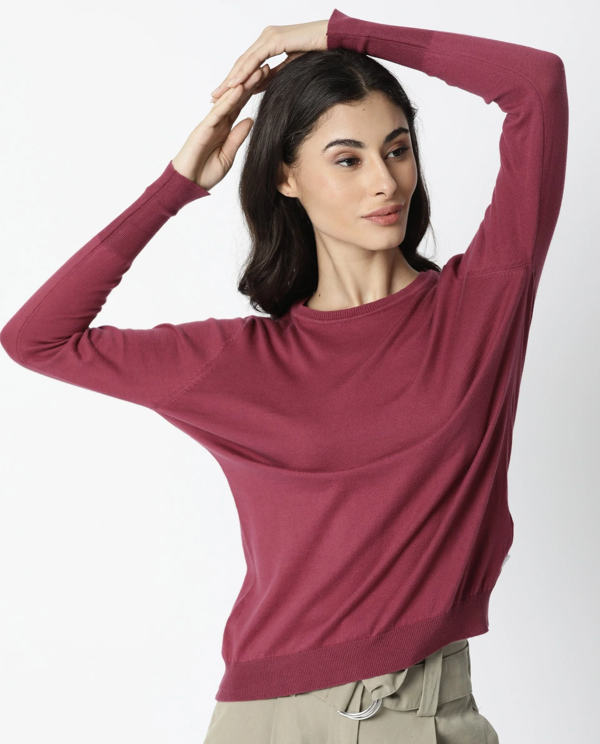 Rareism Women's Plum Pink Cotton Boat Neck Plain Regular Fit Sweater