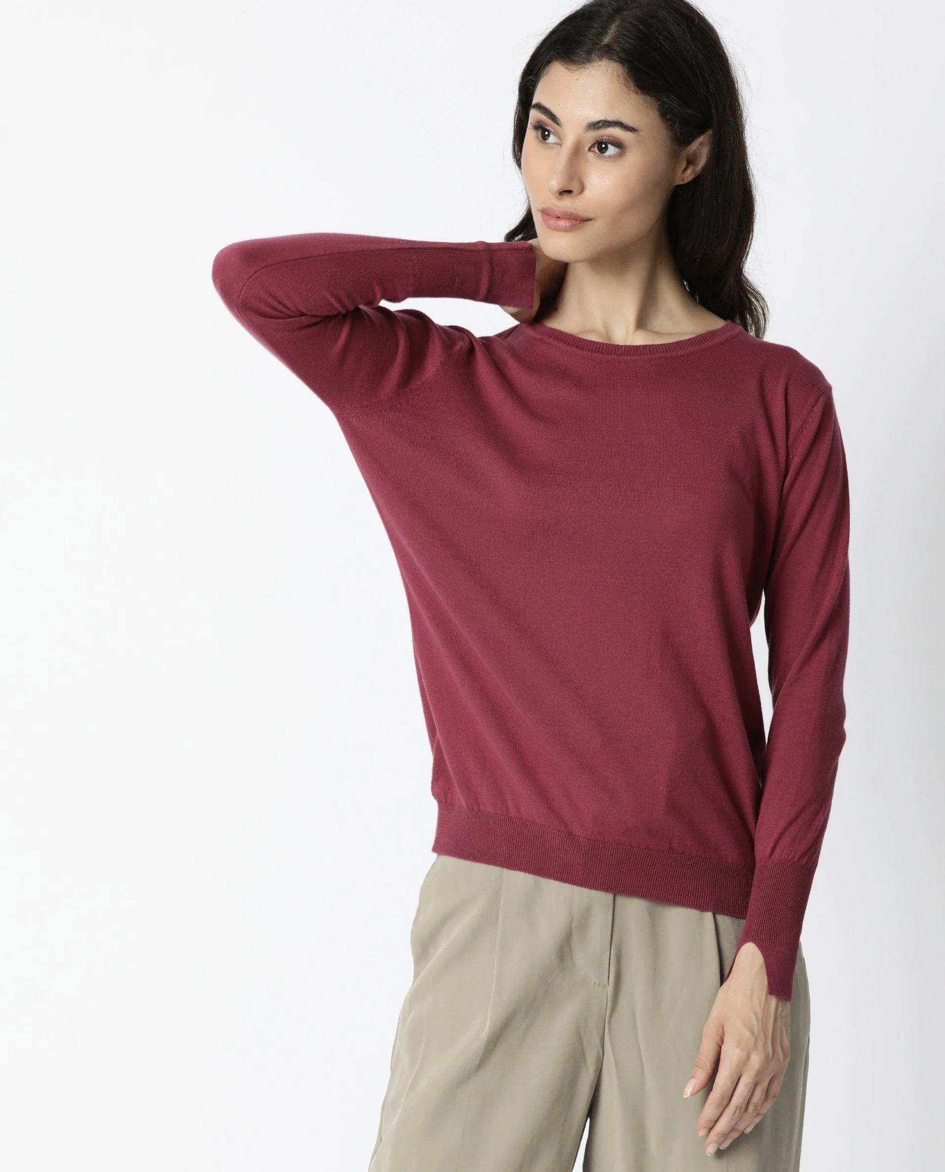 Rareism Women's Plum Pink Cotton Boat Neck Plain Regular Fit Sweater - Image 3