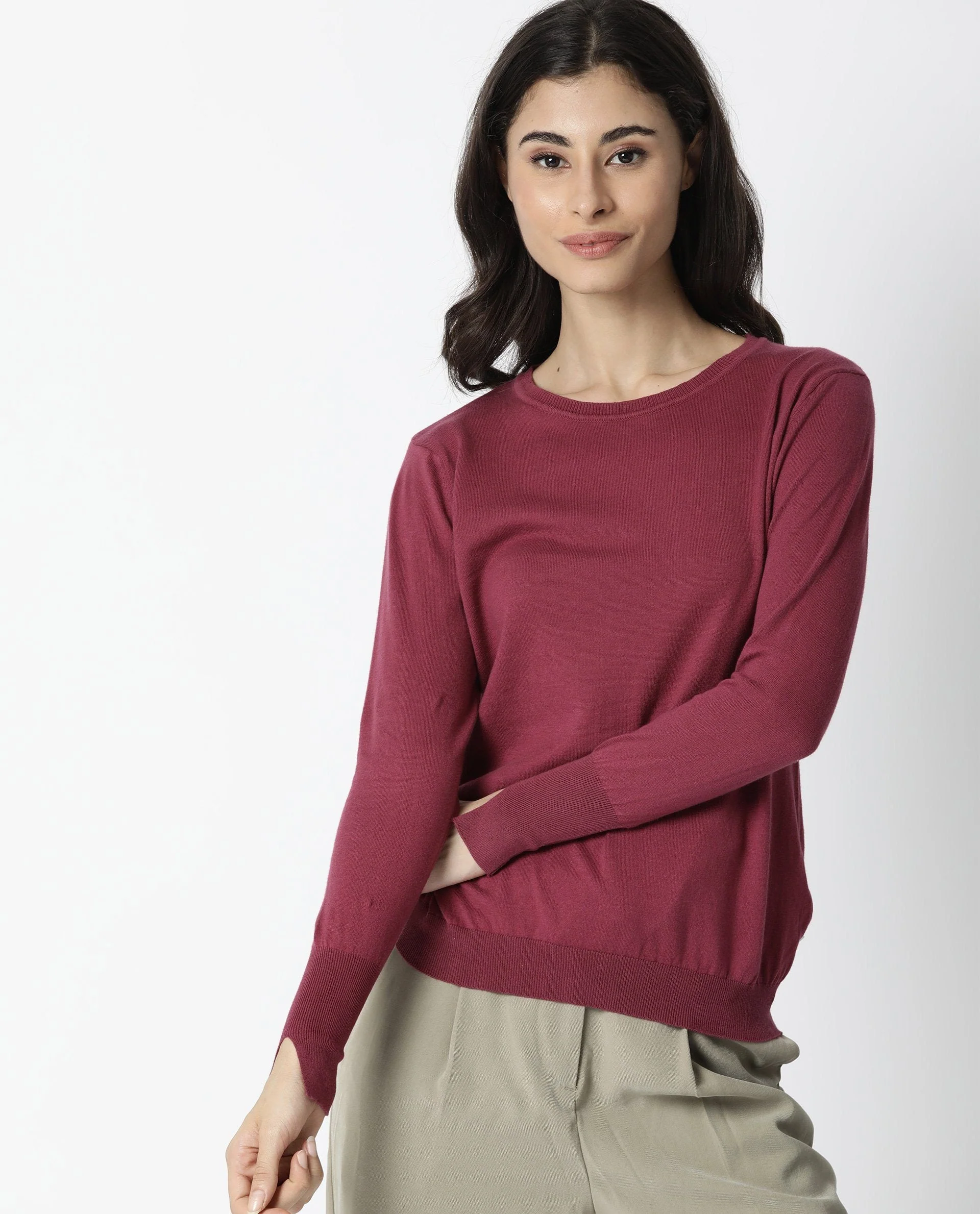 Rareism Women's Plum Pink Cotton Boat Neck Plain Regular Fit Sweater - Image 6
