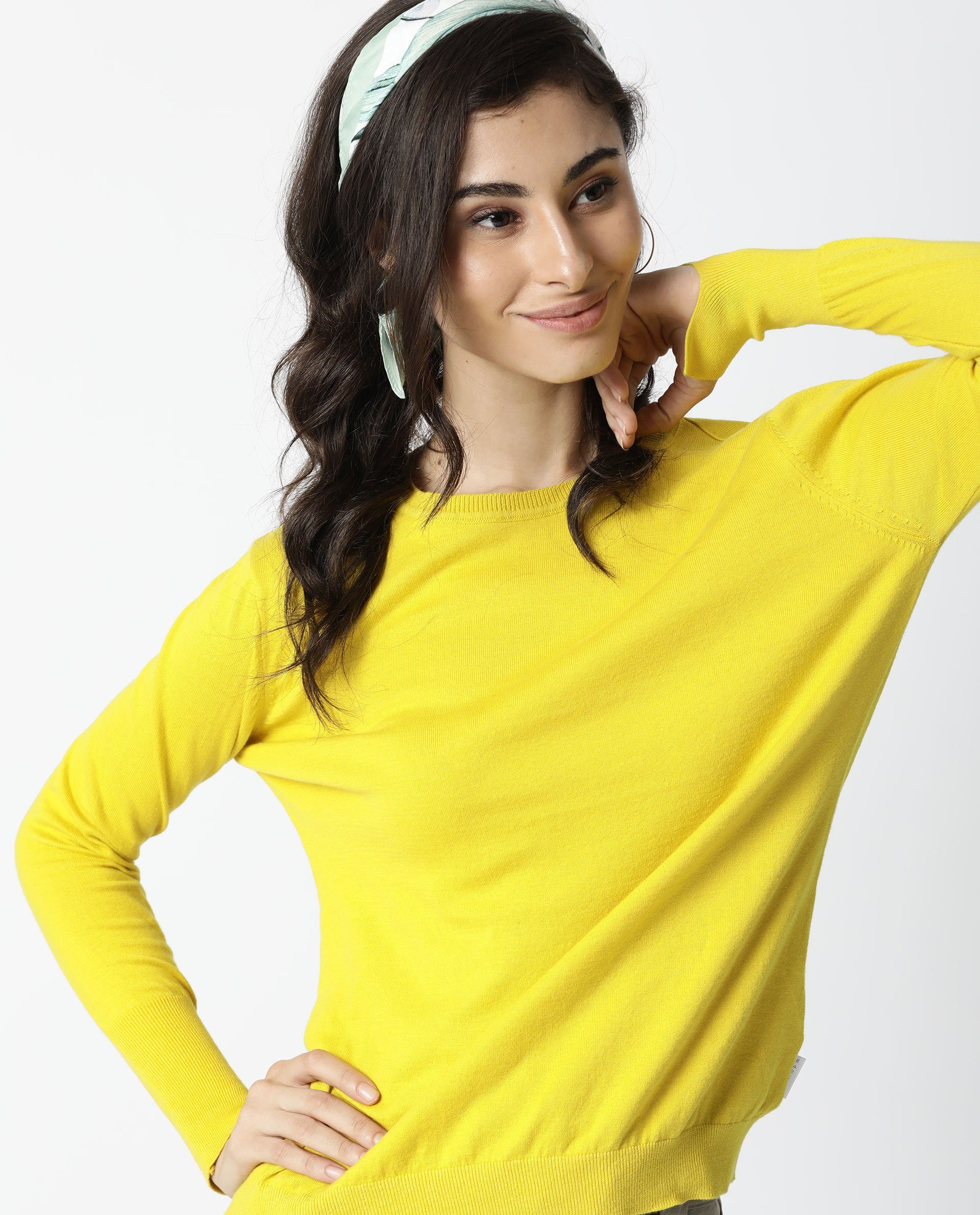 Rareism Women's Plum Yellow Cotton Ribbed Collar Plain Regular Fit Sweater