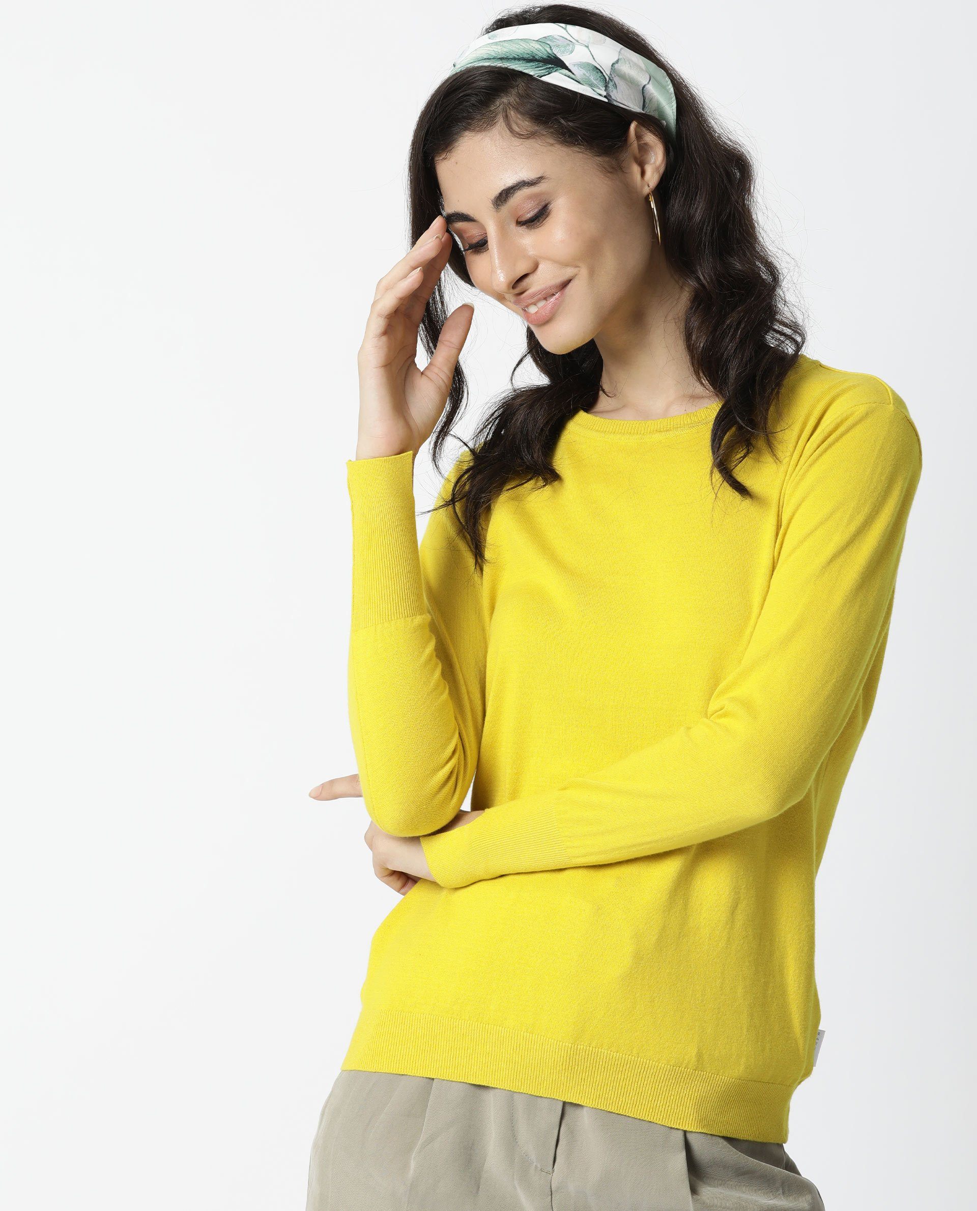 Rareism Women's Plum Yellow Cotton Ribbed Collar Plain Regular Fit Sweater - Image 2