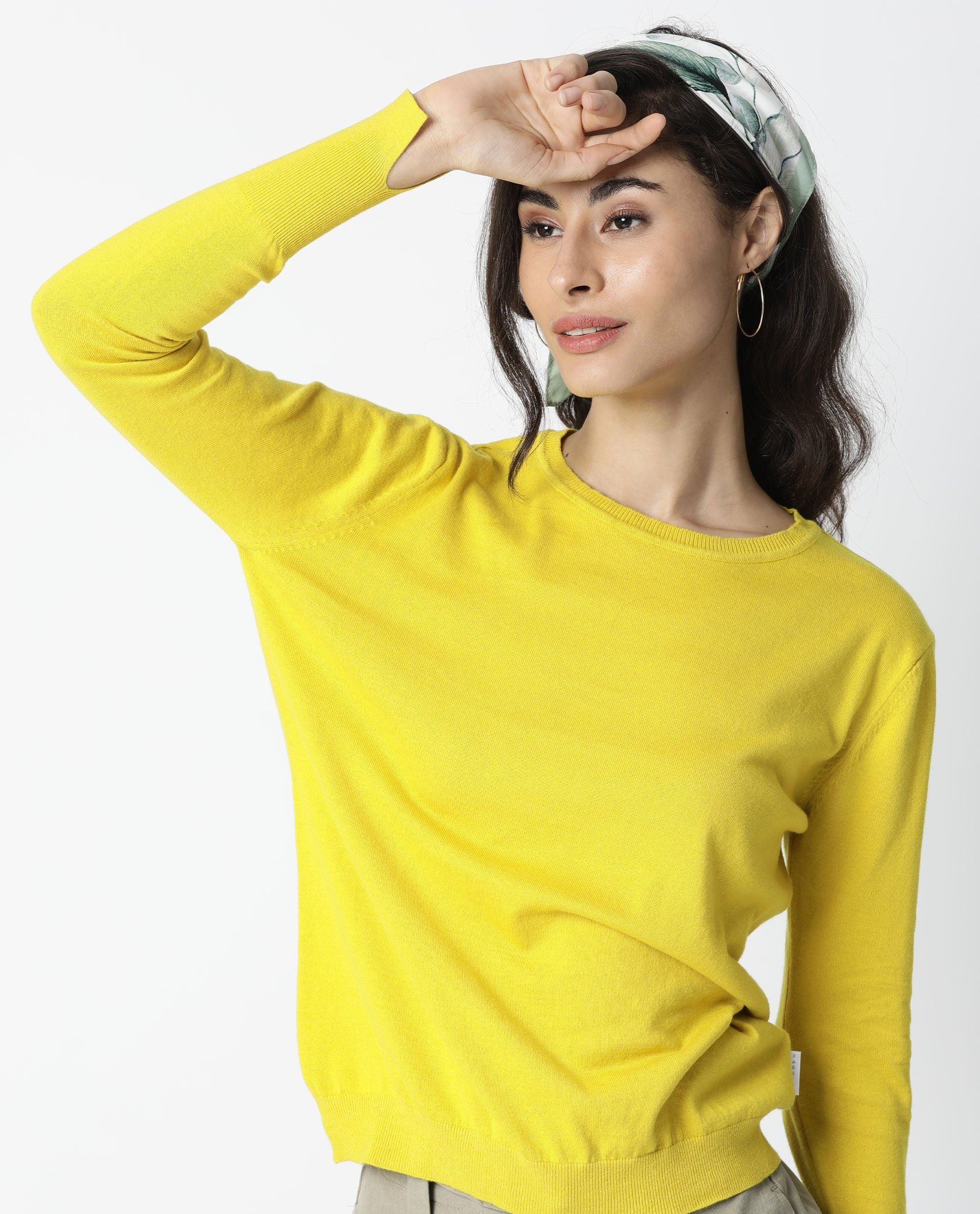 Rareism Women's Plum Yellow Cotton Ribbed Collar Plain Regular Fit Sweater - Image 5