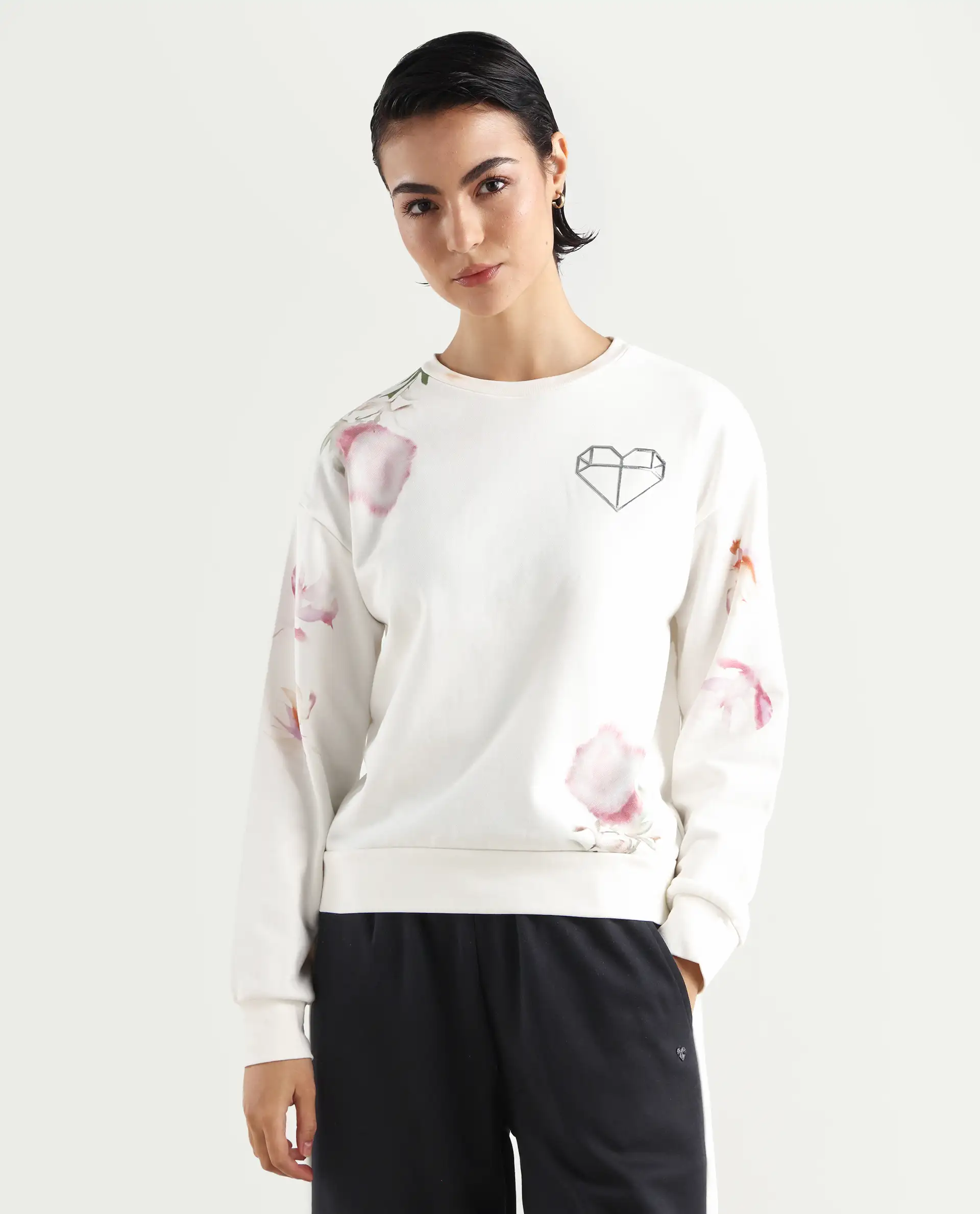 Rareism Women's Plume Off White Cotton Blend Crew Neck Graphic Print Relaxed Fit Sweatshirt - Image 3