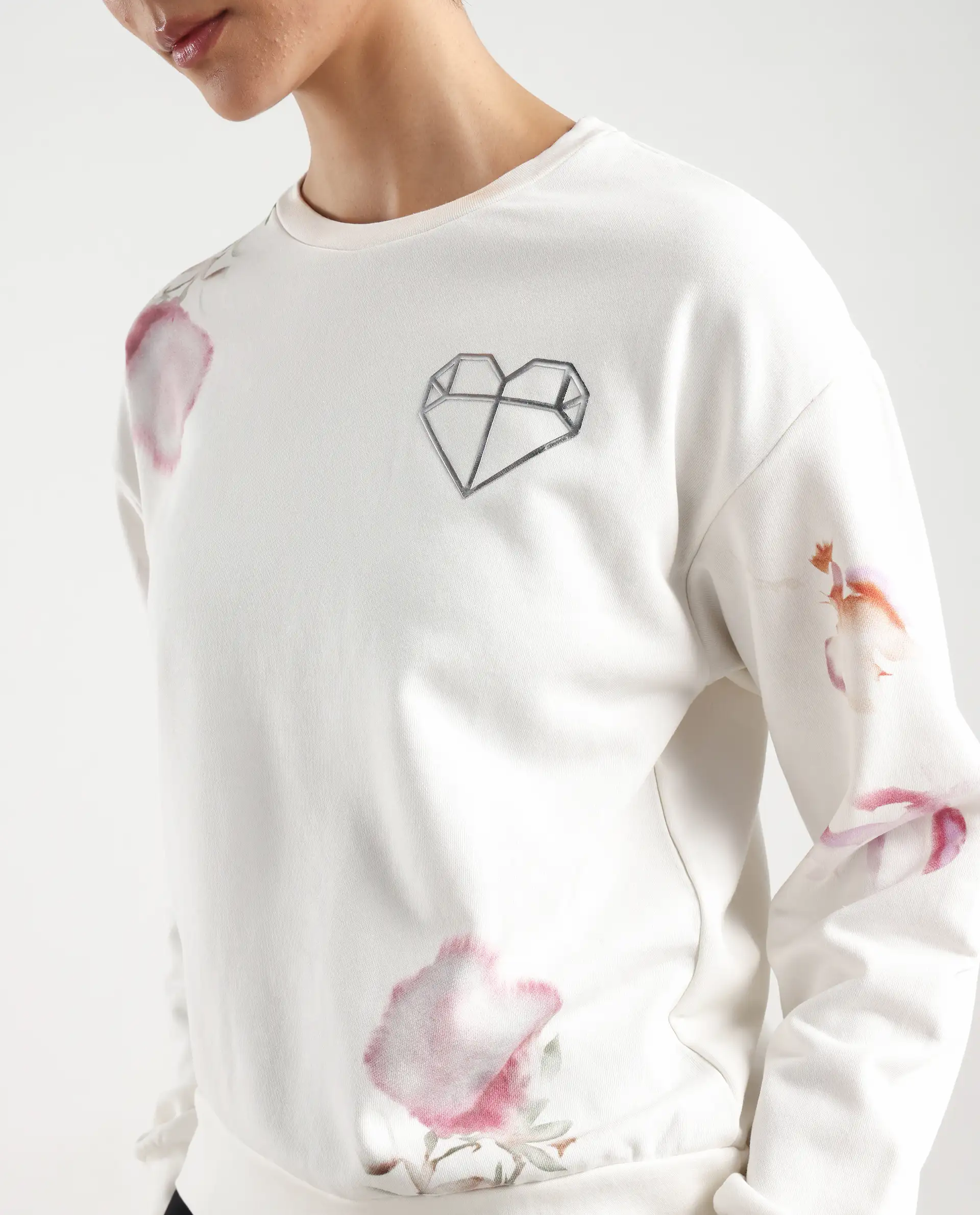 Rareism Women's Plume Off White Cotton Blend Crew Neck Graphic Print Relaxed Fit Sweatshirt - Image 4