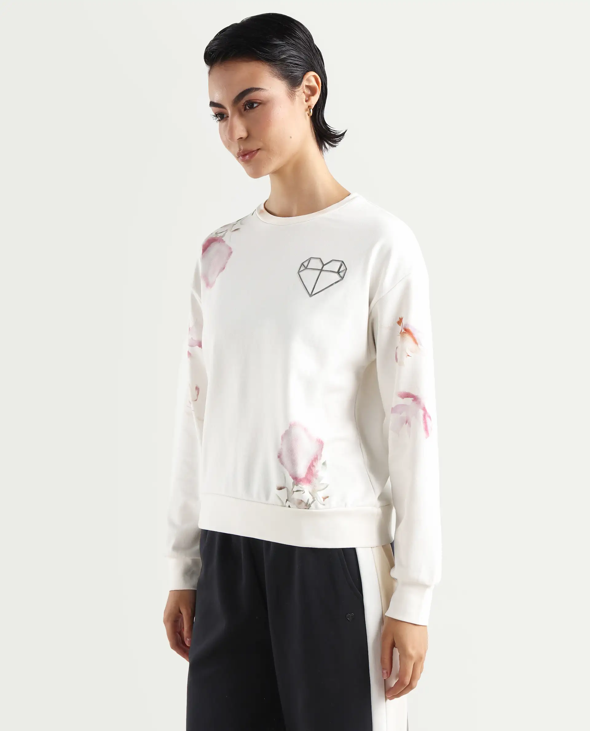 Rareism Women's Plume Off White Cotton Blend Crew Neck Graphic Print Relaxed Fit Sweatshirt - Image 5