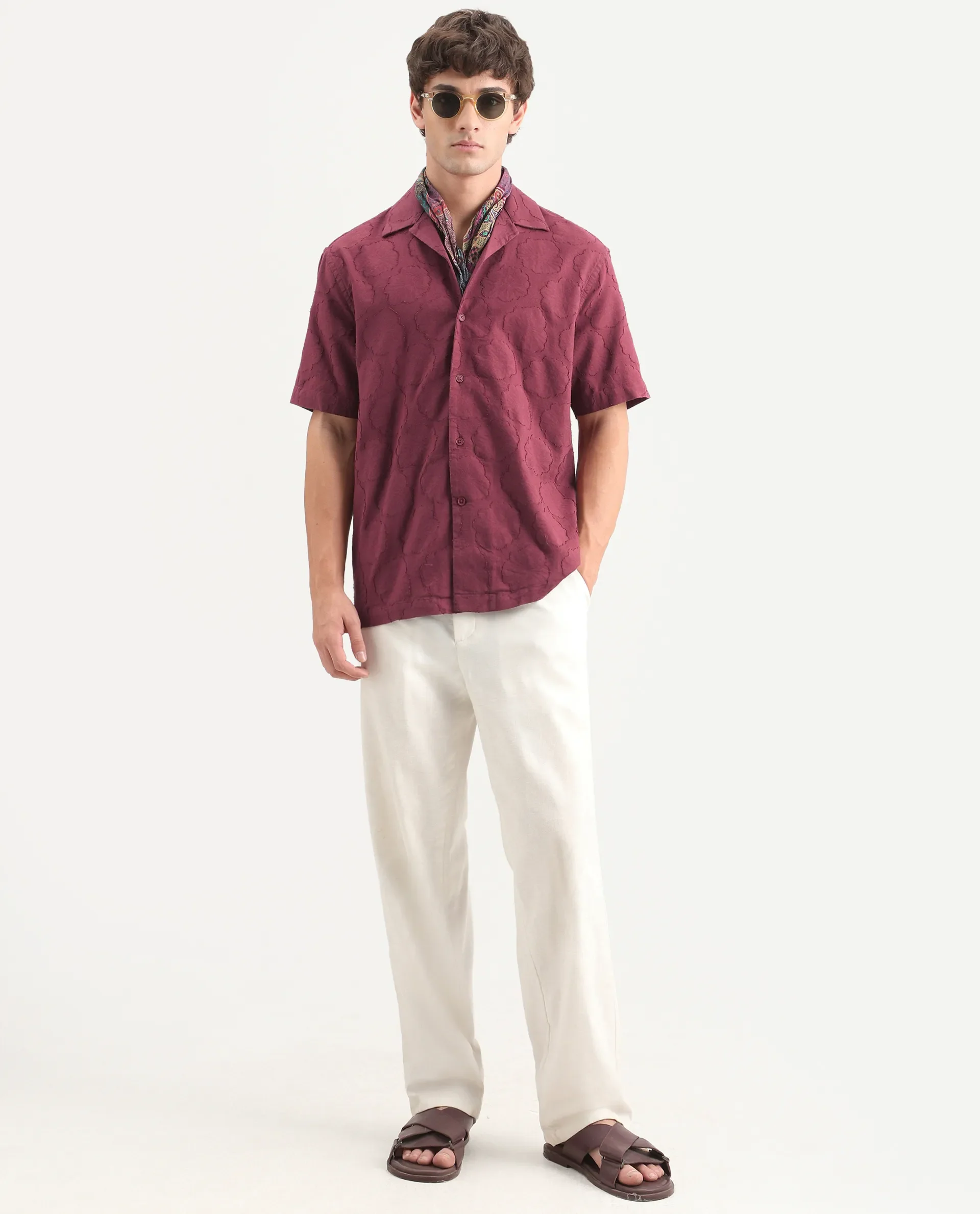 Rare Rabbit Men's Plunt Dark Red Cotton Cuban Collar Button Relaxed Fit Jacquard Print Shirt - Image 2