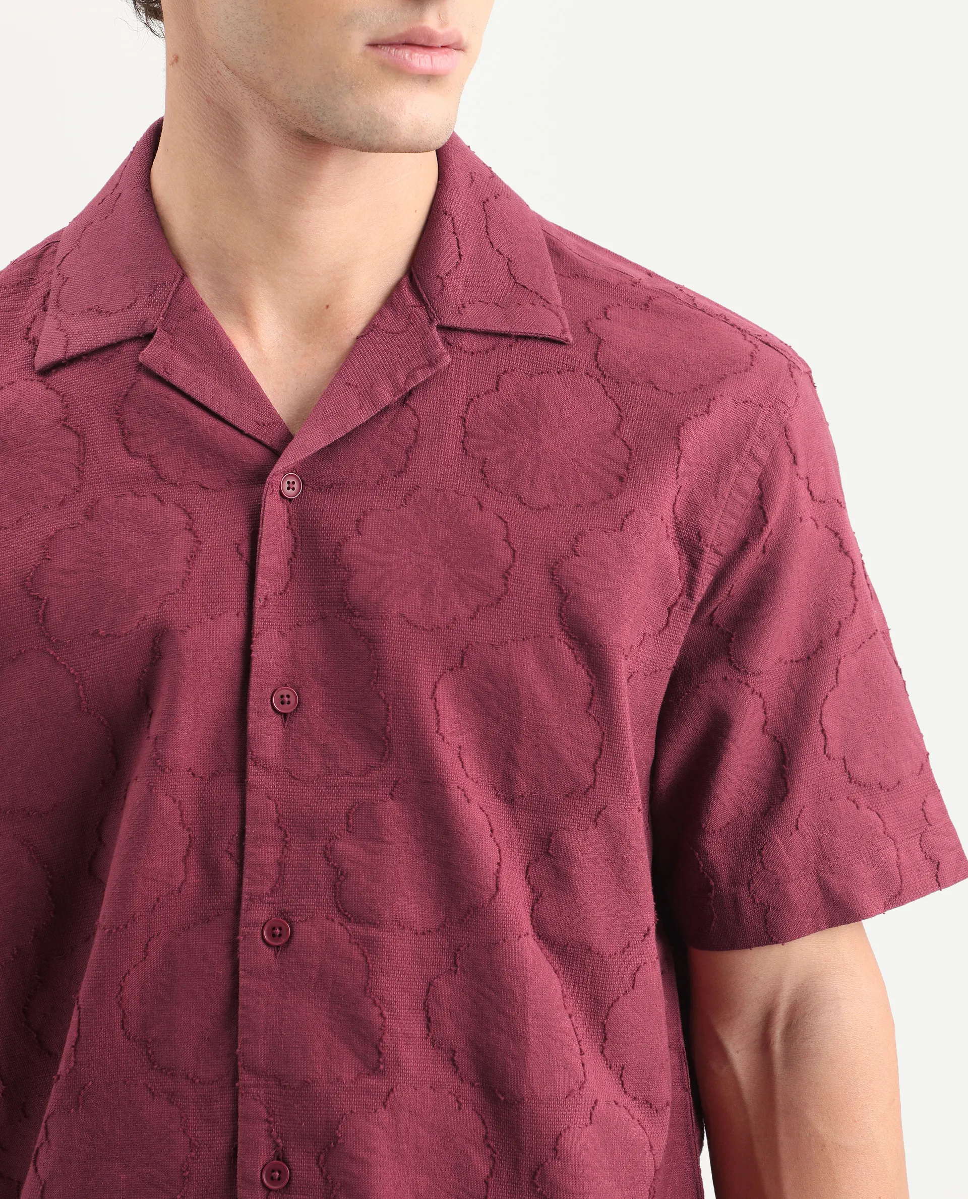 Rare Rabbit Men's Plunt Dark Red Cotton Cuban Collar Button Relaxed Fit Jacquard Print Shirt - Image 3