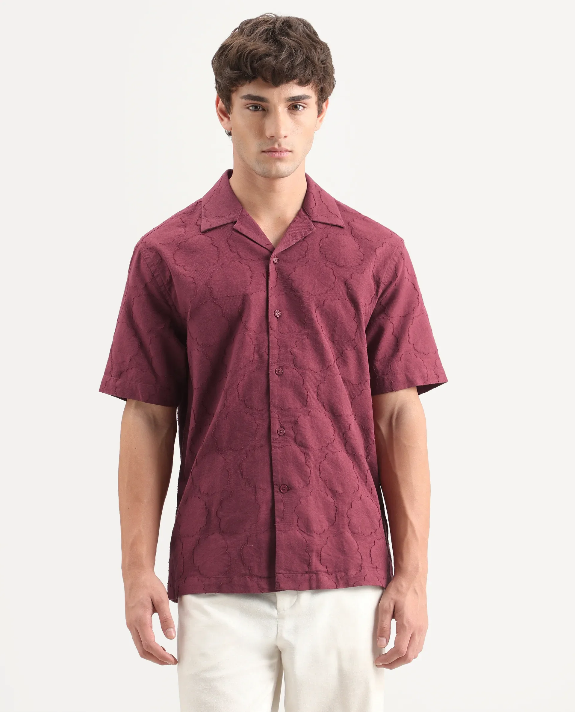 Rare Rabbit Men's Plunt Dark Red Cotton Cuban Collar Button Relaxed Fit Jacquard Print Shirt - Image 4