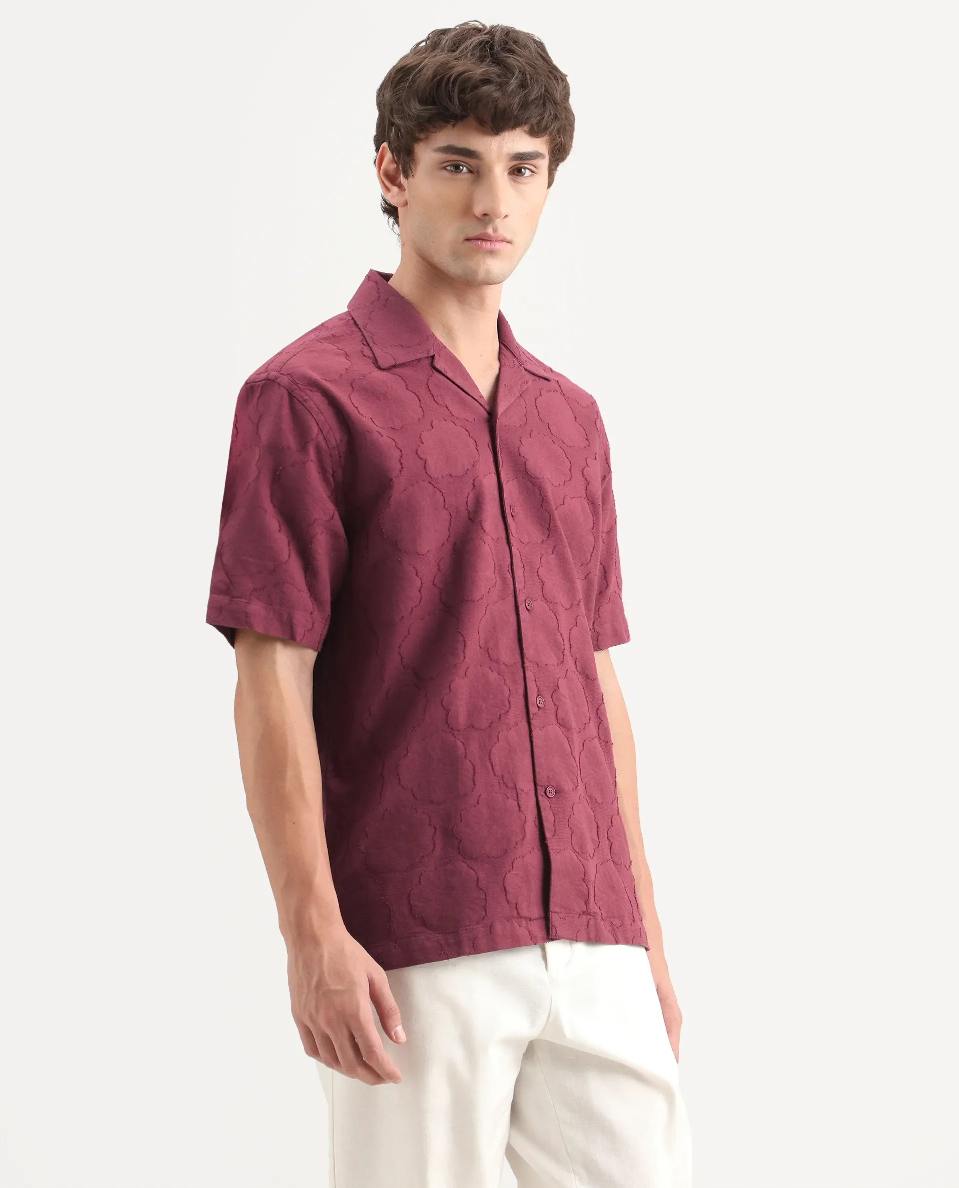 Rare Rabbit Men's Plunt Dark Red Cotton Cuban Collar Button Relaxed Fit Jacquard Print Shirt - Image 5