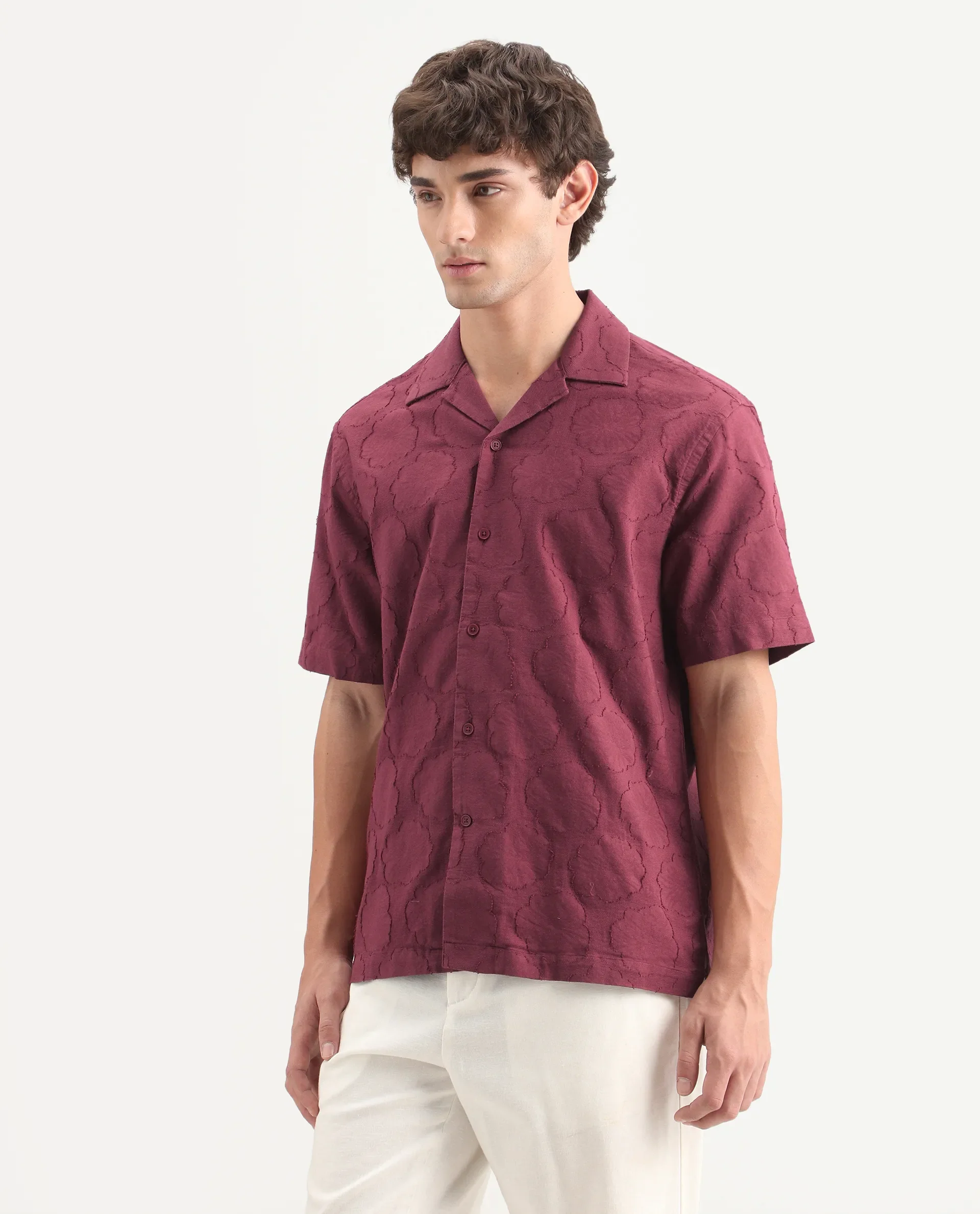Rare Rabbit Men's Plunt Dark Red Cotton Cuban Collar Button Relaxed Fit Jacquard Print Shirt - Image 6