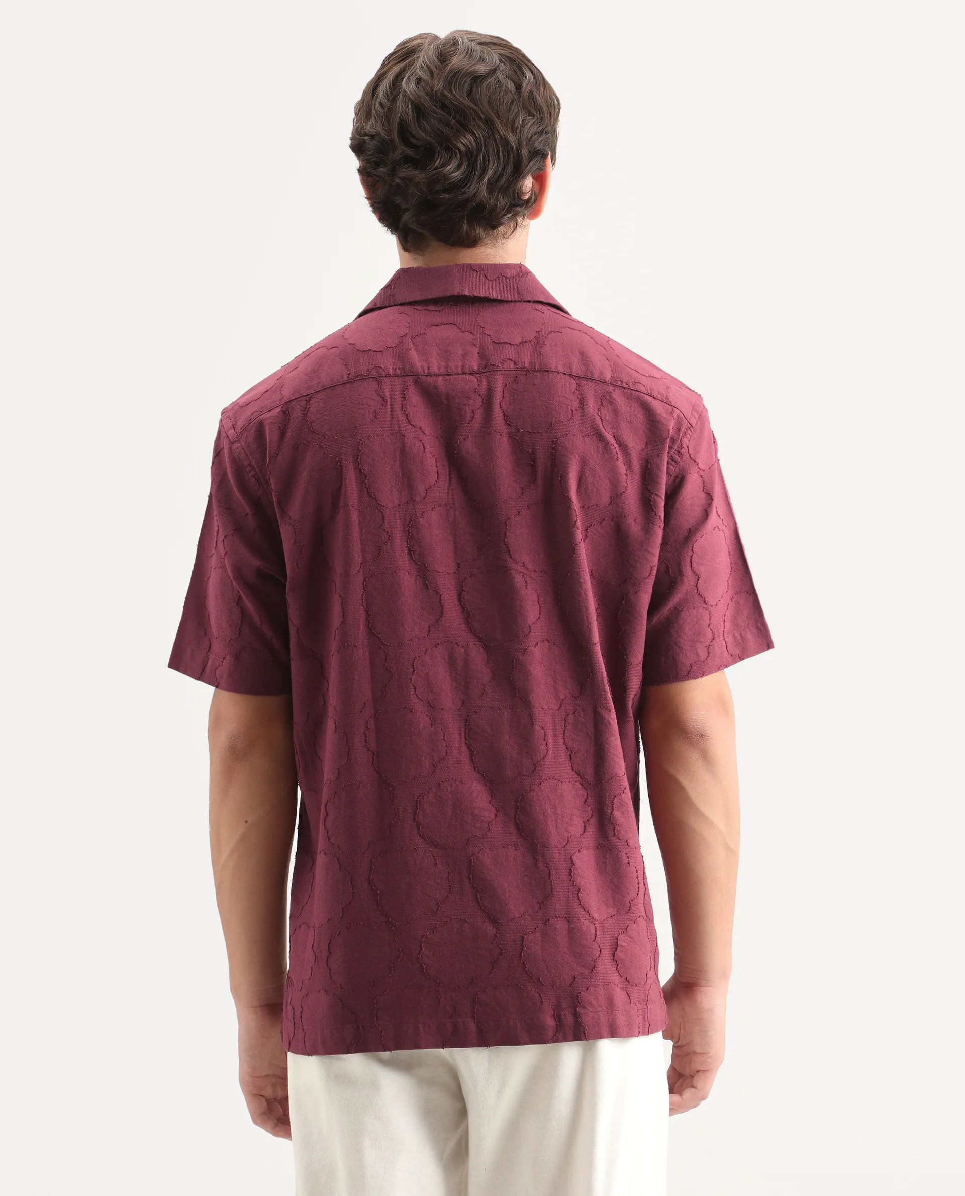 Rare Rabbit Men's Plunt Dark Red Cotton Cuban Collar Button Relaxed Fit Jacquard Print Shirt - Image 7