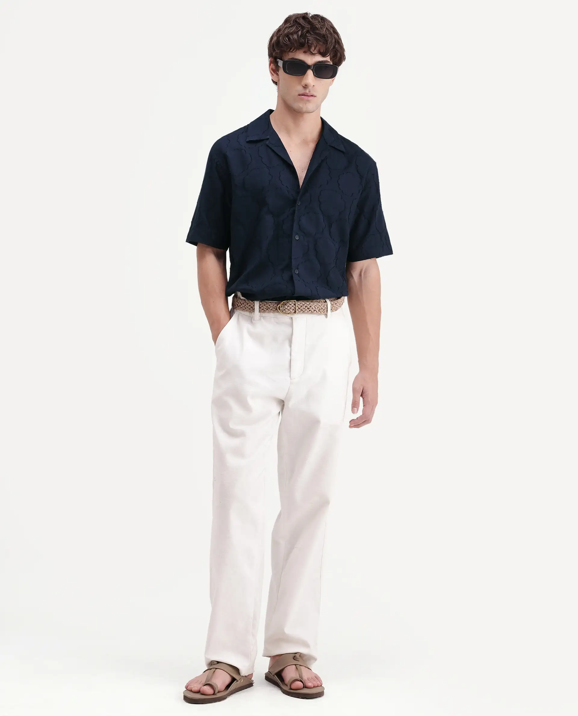 Rare Rabbit Men's Plunt Navy Cotton Cuban Collar Button Relaxed Fit Jacquard Print Shirt - Image 2