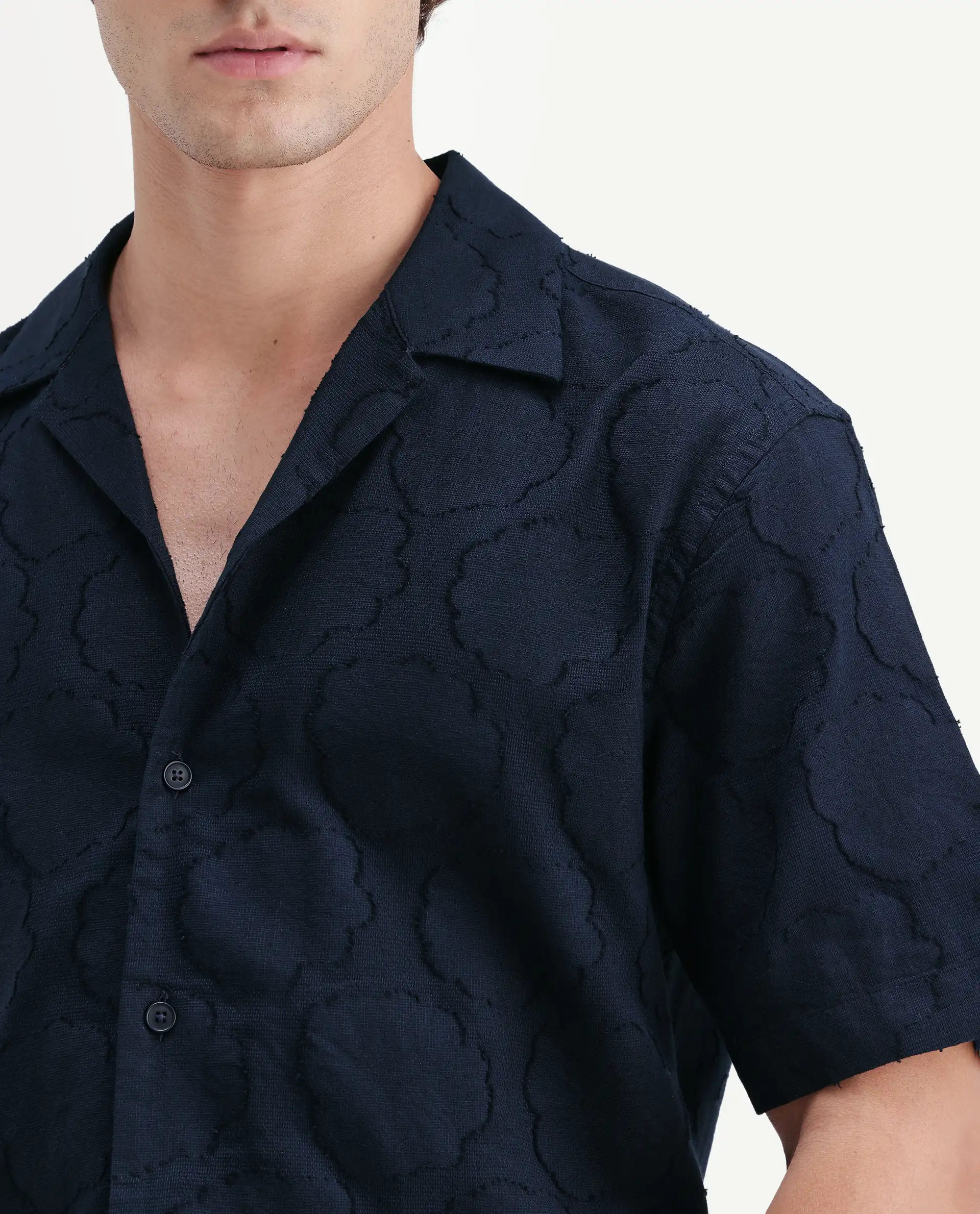 Rare Rabbit Men's Plunt Navy Cotton Cuban Collar Button Relaxed Fit Jacquard Print Shirt - Image 3