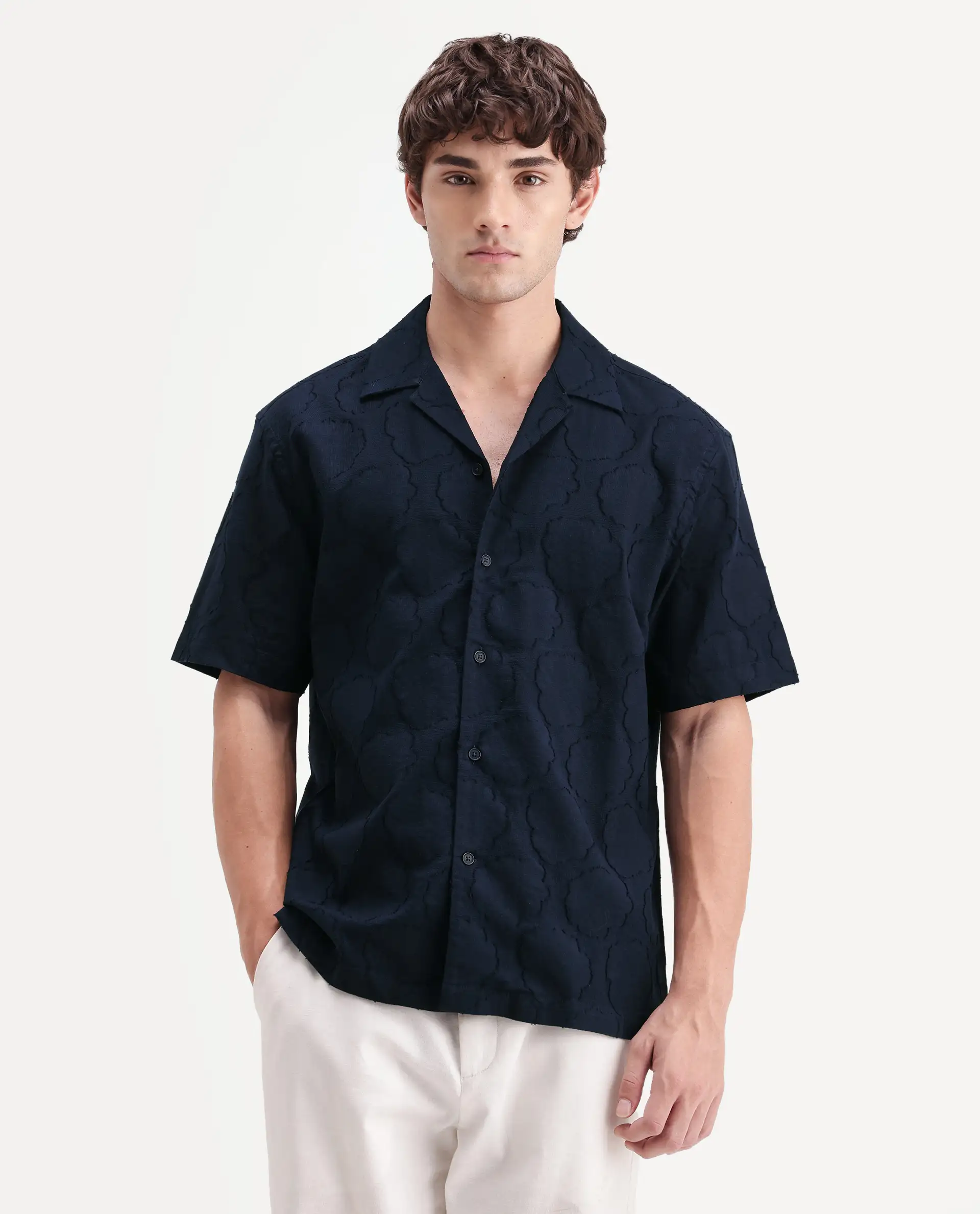 Rare Rabbit Men's Plunt Navy Cotton Cuban Collar Button Relaxed Fit Jacquard Print Shirt - Image 4