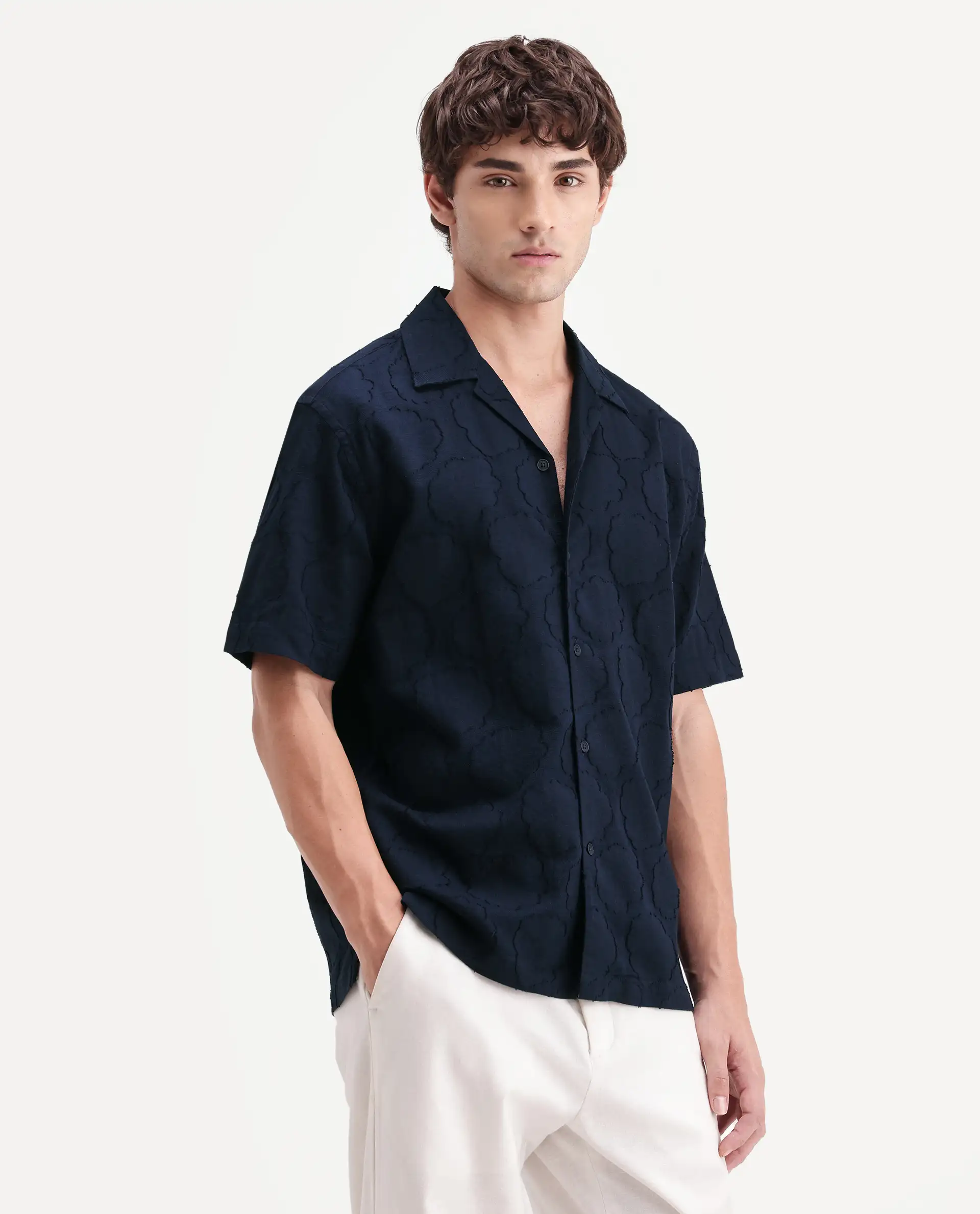 Rare Rabbit Men's Plunt Navy Cotton Cuban Collar Button Relaxed Fit Jacquard Print Shirt - Image 5