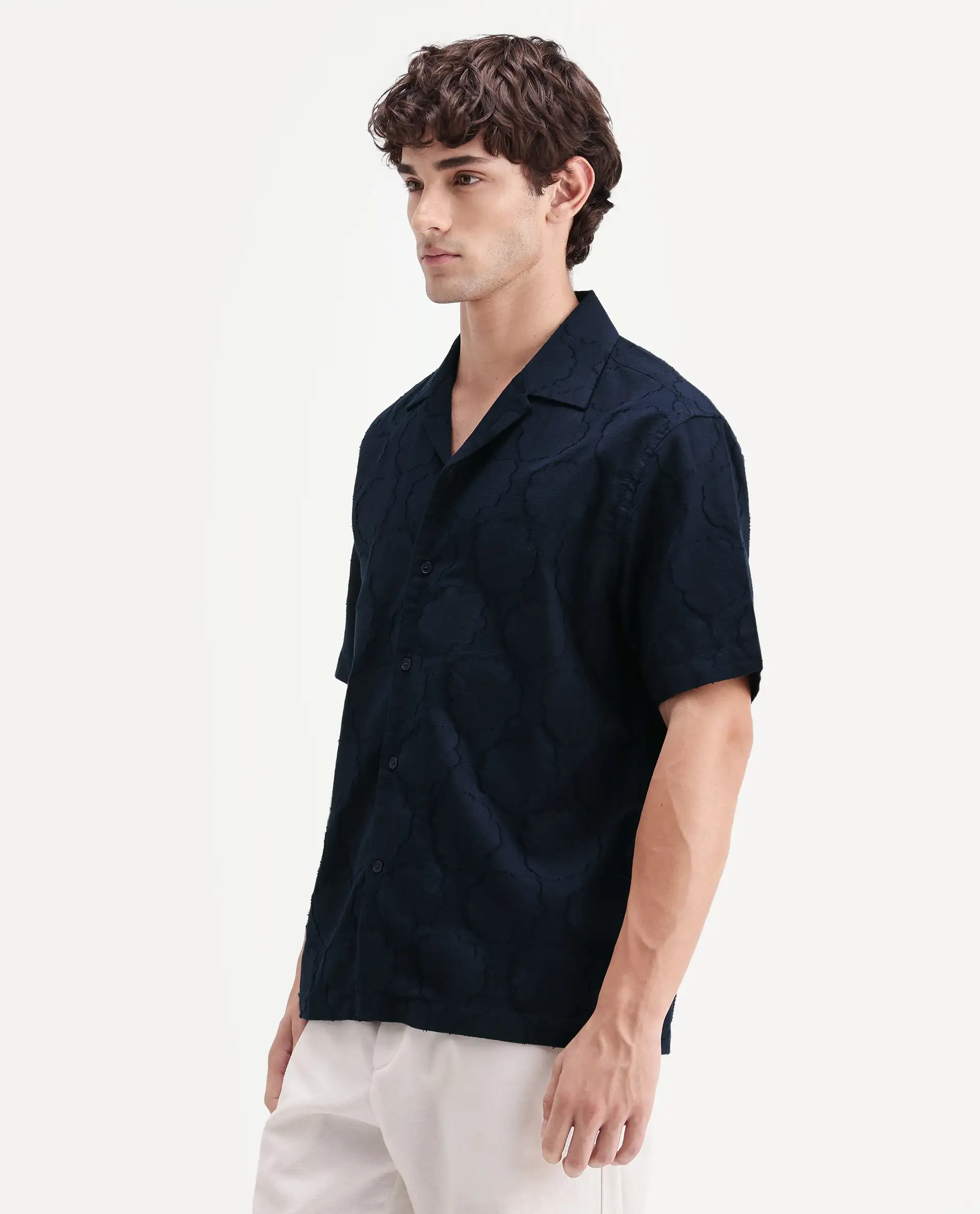 Rare Rabbit Men's Plunt Navy Cotton Cuban Collar Button Relaxed Fit Jacquard Print Shirt - Image 6