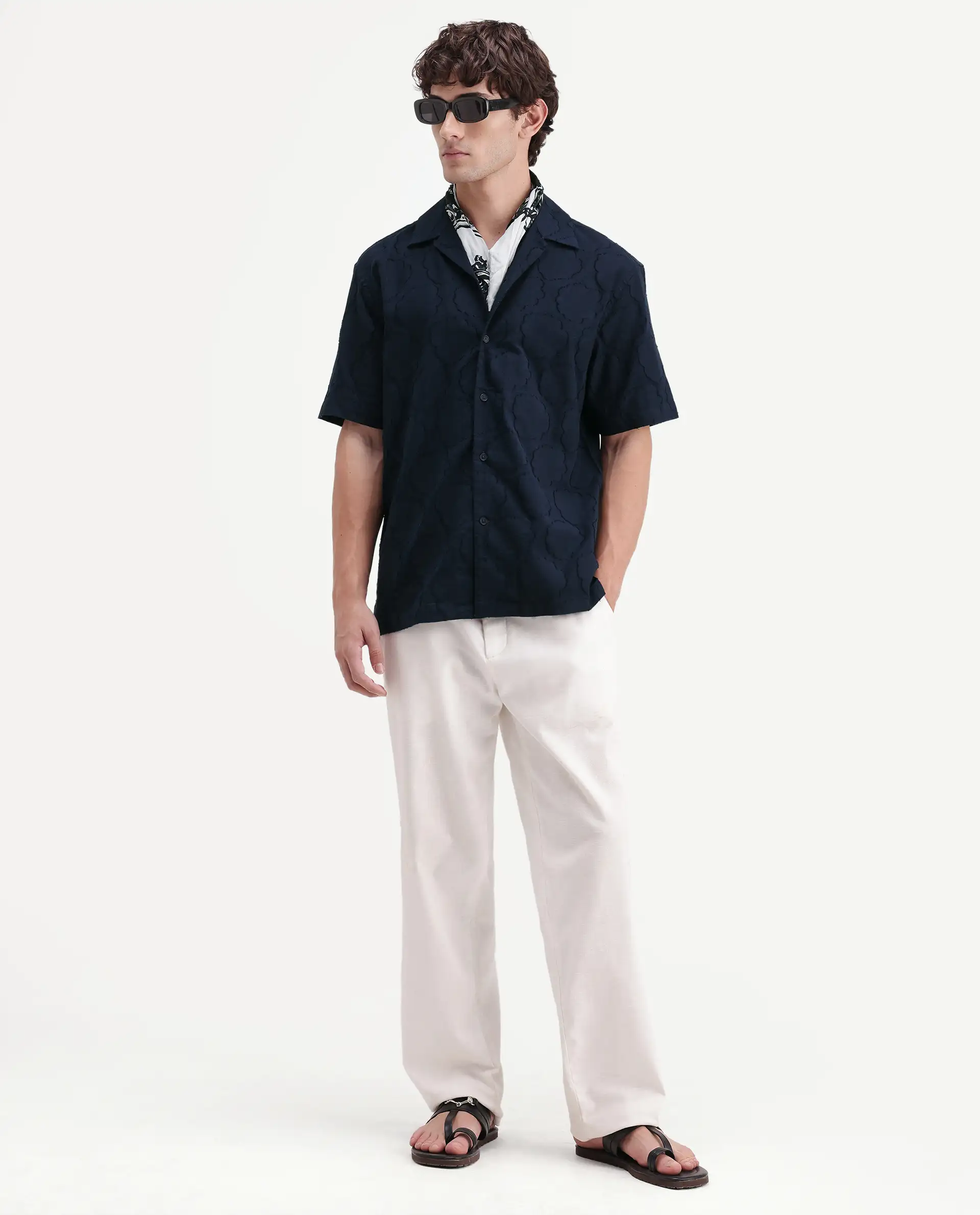 Rare Rabbit Men's Plunt Navy Cotton Cuban Collar Button Relaxed Fit Jacquard Print Shirt - Image 7