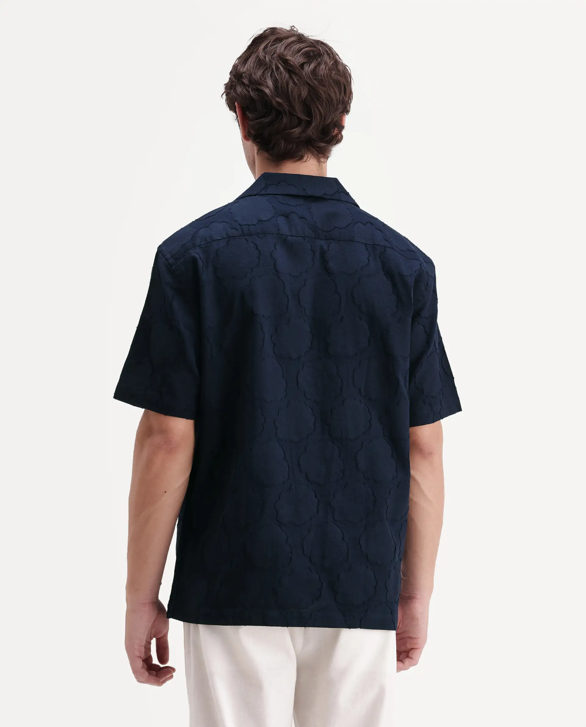 Rare Rabbit Men's Plunt Navy Cotton Cuban Collar Button Relaxed Fit Jacquard Print Shirt - Image 8