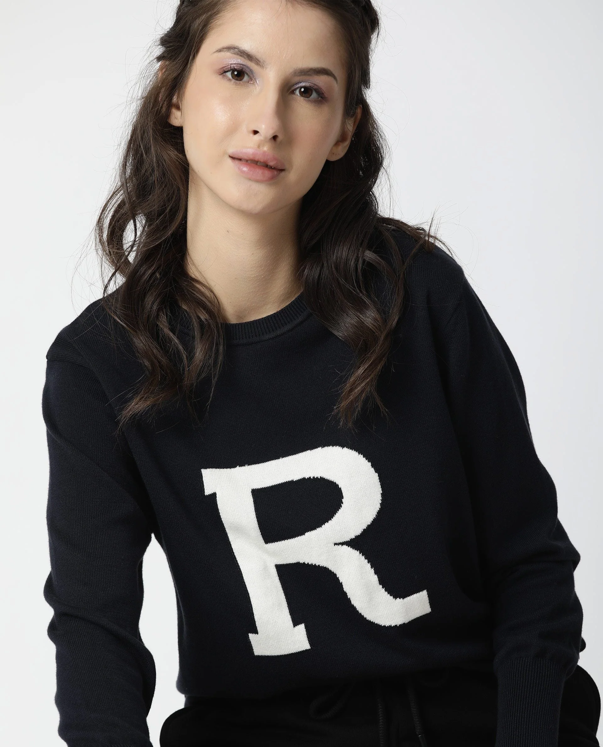 Rareism Women Plush Navy Sweater Full Sleeves - Image 2