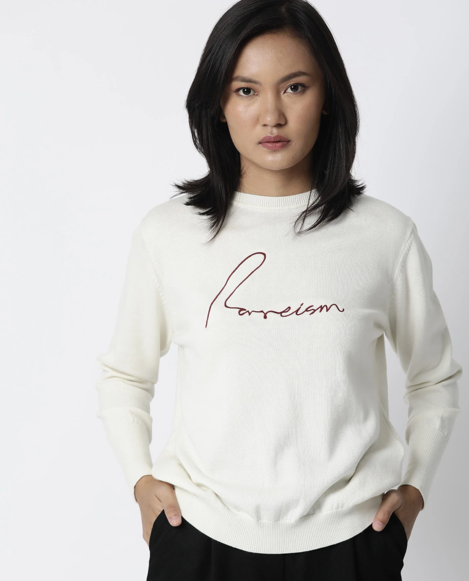 Rareism Women's Plush Off White Crew Neck Plain Knee Length Regular Fit Sweater